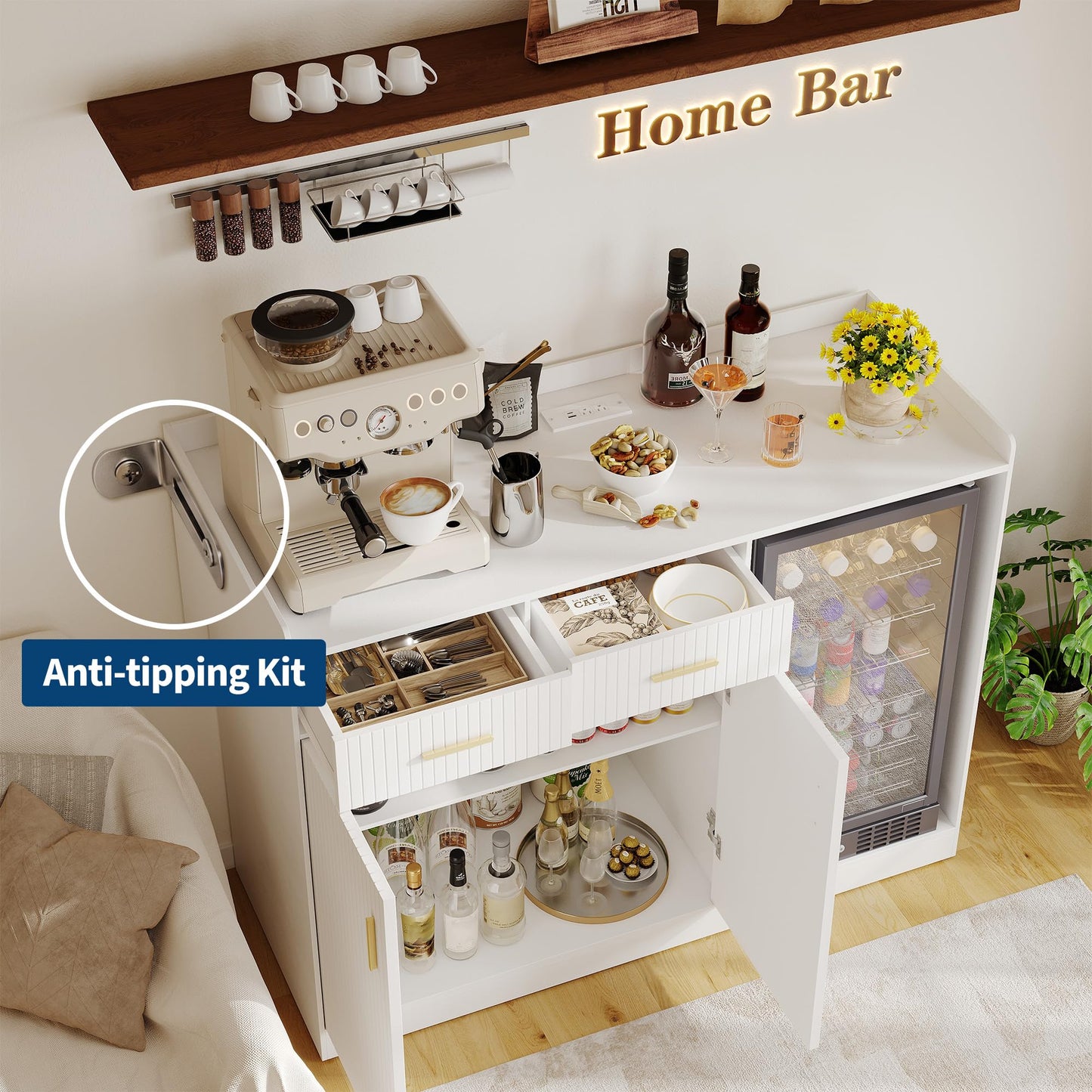 Garvee Coffee Bar Cabinet with Fridge Space, Fluted Wine Cabinet with Charging Station, Mini Fridge Cabinet with Drawers and Adjustable Shelf, Home Bar for Dining Room, Kitchen, Living Room, White