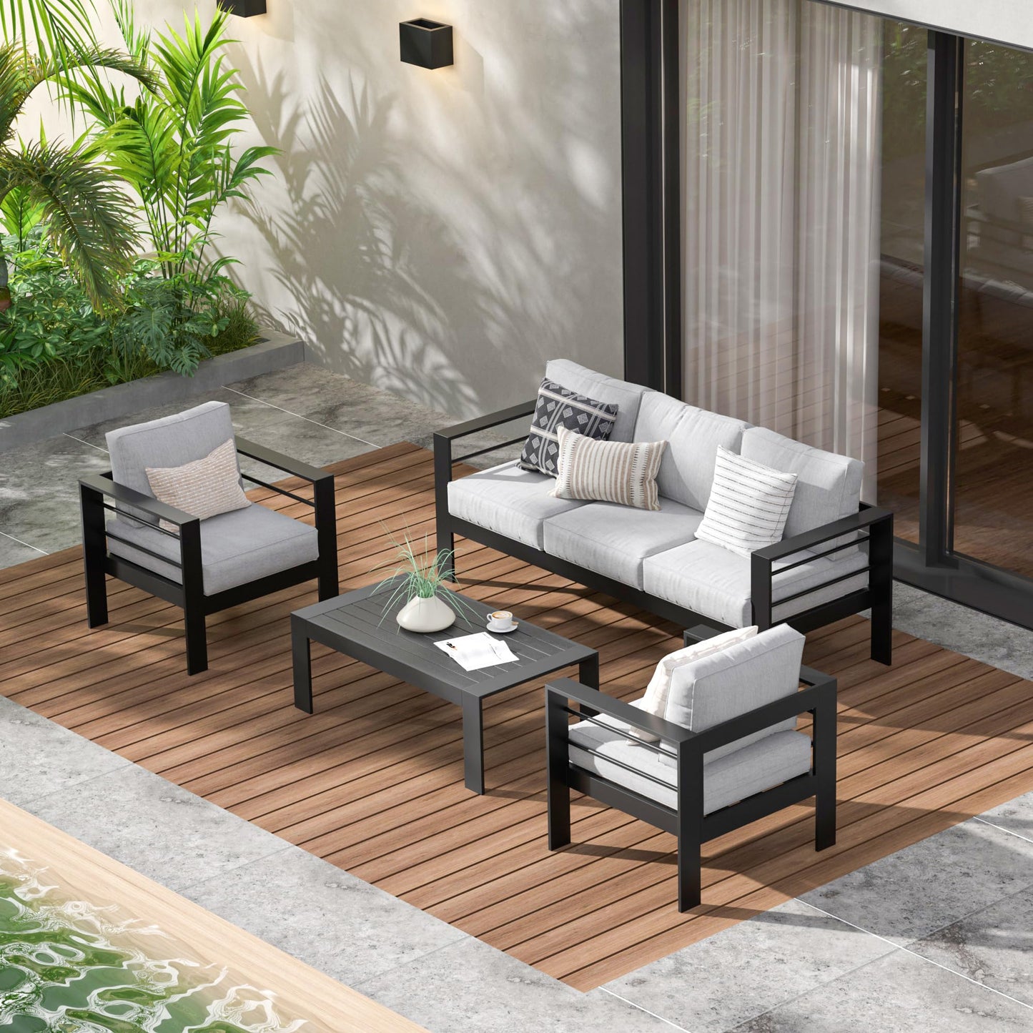 Wisteria Lane Aluminum Patio Furniture Set for All Weather, Oversized Metal Outdoor Furniture Set with 27.5" Deep Seat and 10" Back Cushion, Patio Conversation Sets with Wide armrest, Light Gray