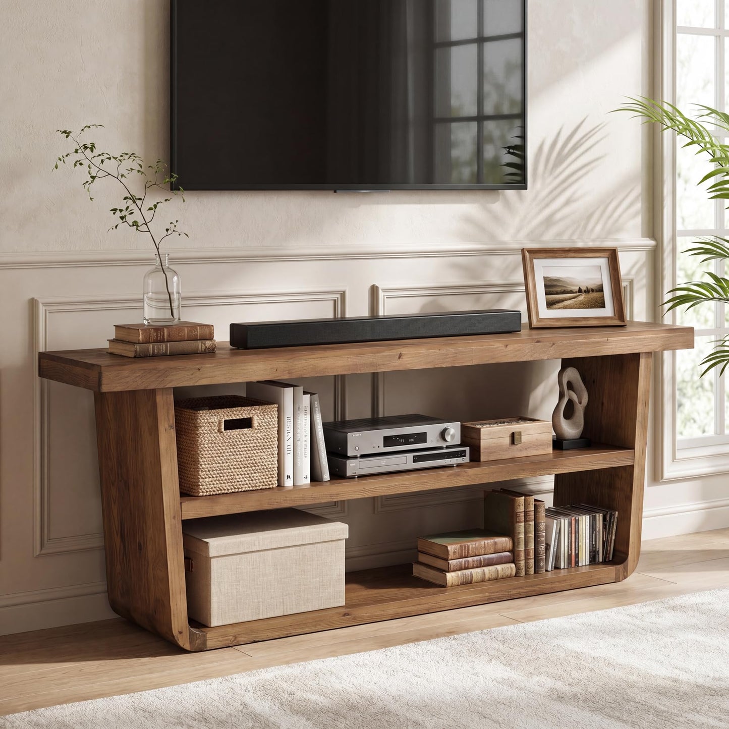TRIBEWOOD 63" Solid Wood TV Stand, 3-Tier Entertainment Center with Storage, Farmhouse Television Stand for 55/60/65/75-Inch TVs, Wooden TV Table for Living Room, Bedroom