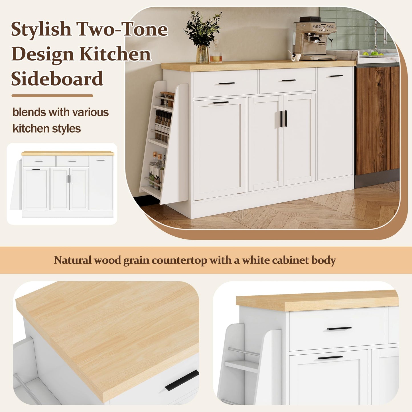 GDFStudio Kitchen Buffet Cabinet with Trash Can Storage, Sliding Door Storage Cabinet Sideboard with 3-Tier Spice Rack & 2 Drawers, Coffee Bar Cabinet Island Storage for Dining Room Living Room, White