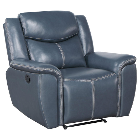 Coaster Home Furnishings - Sloane - Faux Leather Upholstered Recliner Chair with Manual Reclining, Padded Arms, and Pull Handle - Living Room - Blue - 610273