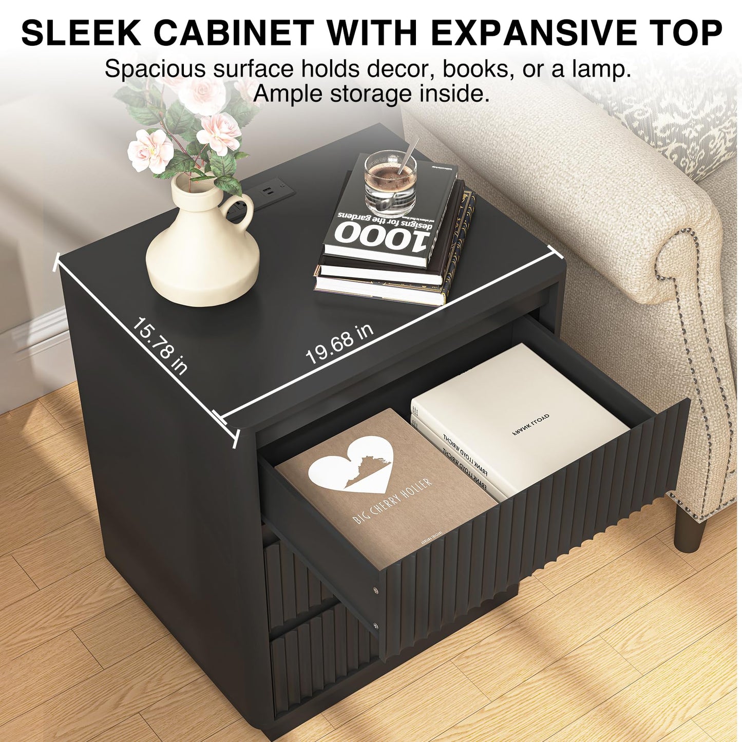 Set of 2 Nightstands with Charging Station, Rounded Corner Fluted Bedside Tables with 3 Drawers & Cable Management, Modern End Tables for Bedroom, Black