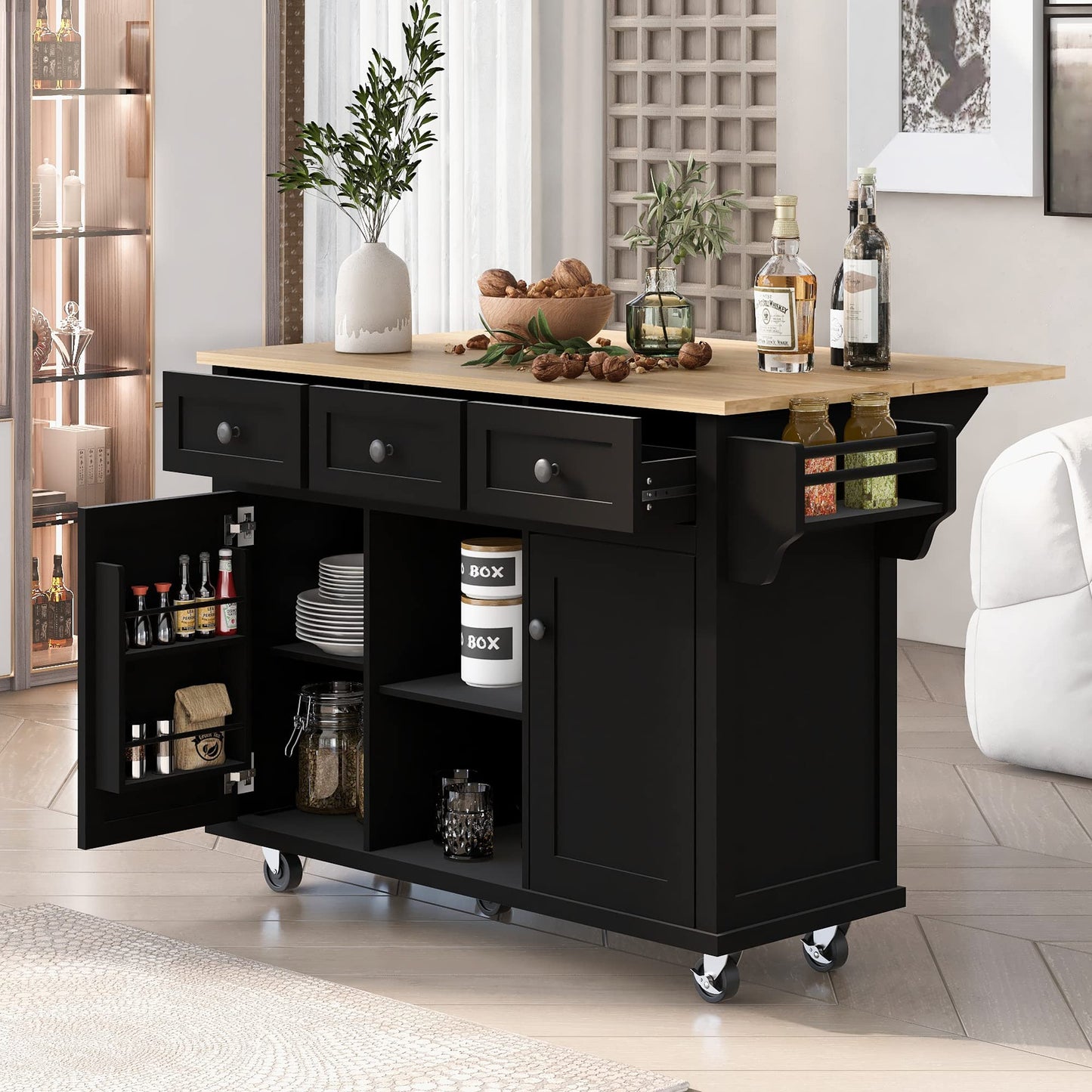 Merax Rolling Mobile Kitchen Island Cart Breakfast Bar with Wood Top, Door Internal Storage Racks, 3 Drawers and 5 Wheels for Dining Room