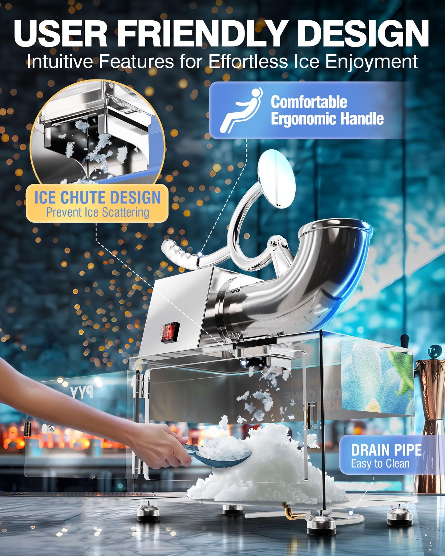 PYY Snow Cone Machine - Commercial Ice Crusher Shaver, Electric Crushed Shaved Snowcone Maker, Stainless Steel Full Body, Dual Blades, Acrylic Box and Drain Pipe, All-Copper Motor 440LBS/H