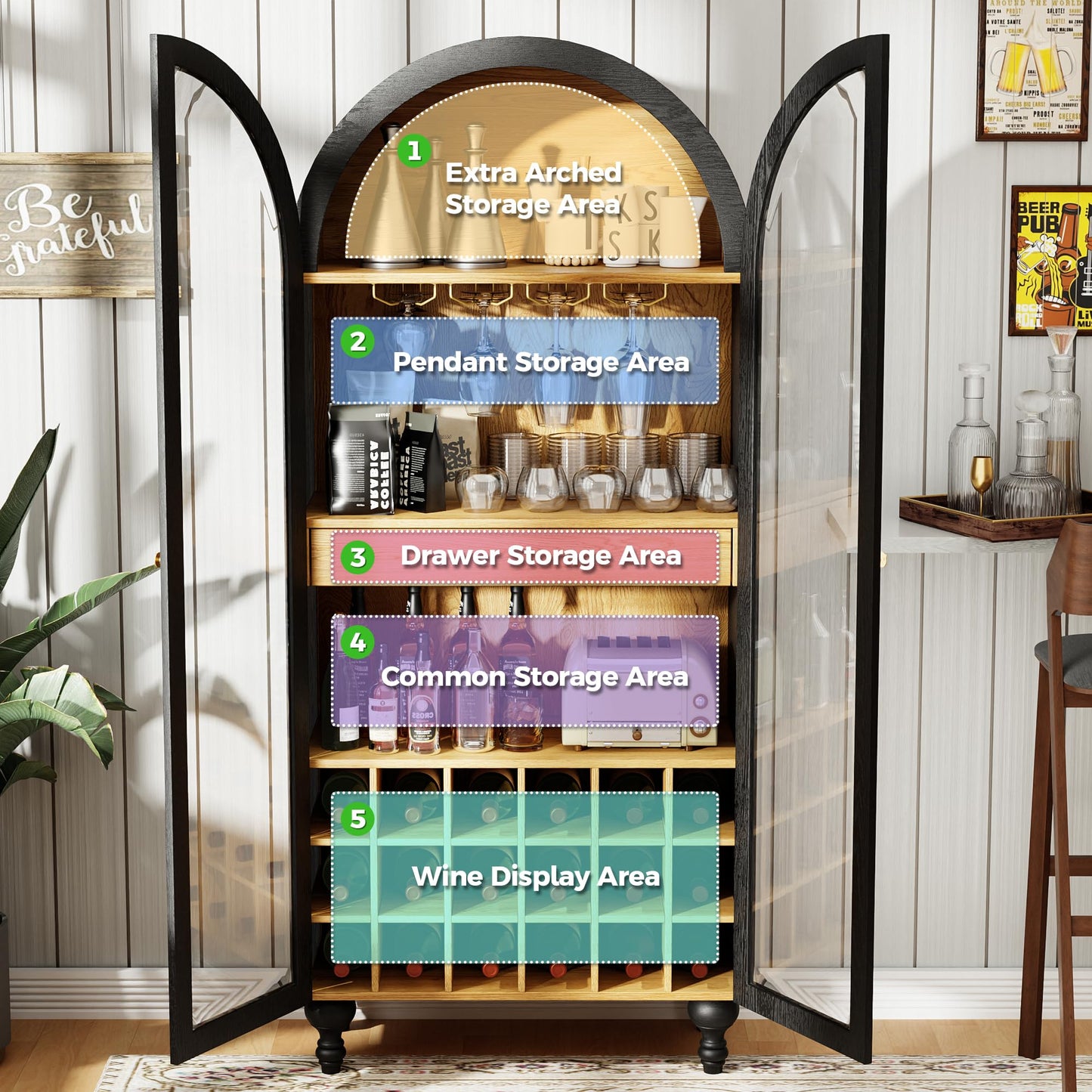 Trygoal Modern Farmhouse Arched Bar Cabinet, 71'' Tall Wine Cabinet with Built-in Stemware Rack & Glass Door, Black Arched Wine Cabinet with Storage, Large Liquor Cabinet for Living Room, Dining Room