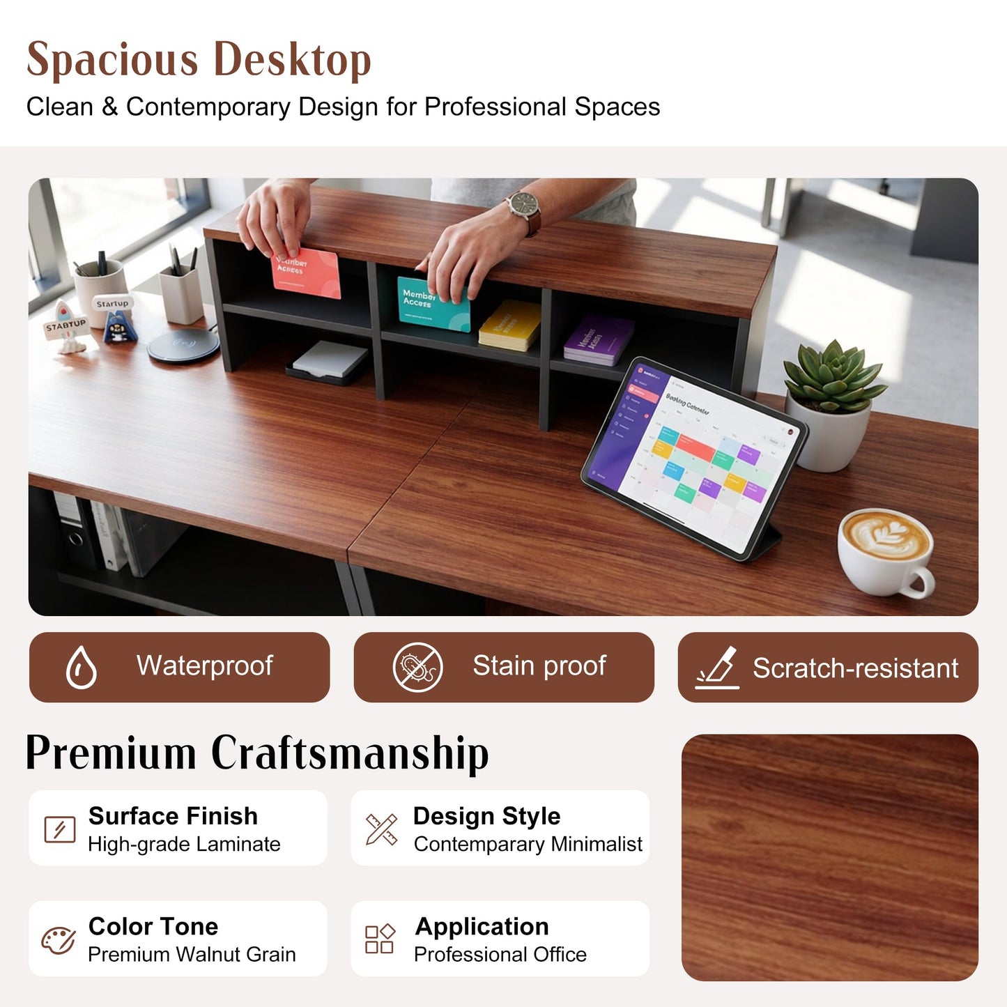 JNMDLAKO Reception Desk with Counter, 78.8" Modern Front Desk Reception Counter Walnut, Retail Checkout Counters with Storage Shelf Cabinet for Business Office, Lobby, Store, Salon