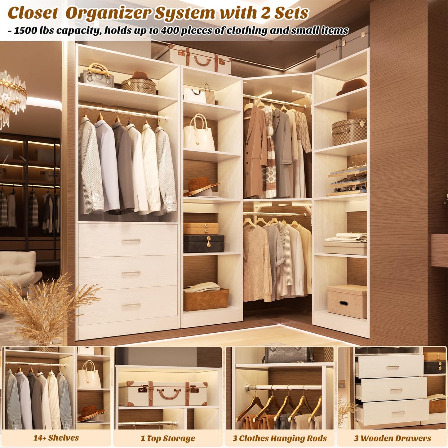Besiost Corner Closet System with 3 Drawers, Corner Closet Organizer System with 13 Shelves & 3 Hanging Rods, 63.2"L * 39.2"W Reversible L Shaped Walk-in Closets, Load 2000+LBS, White
