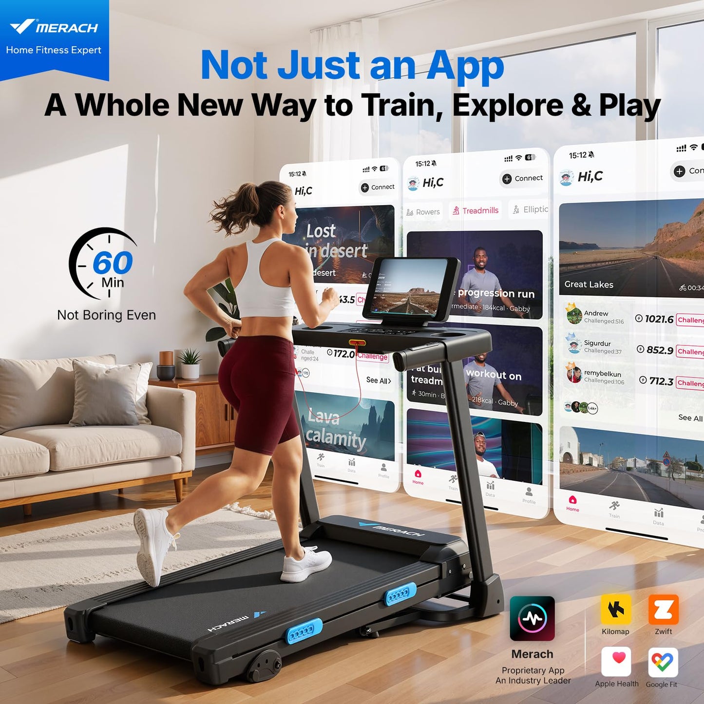 MERACH Treadmills for Home with Incline 0%-15%, 300 LBS Capacity Double Deck Foldable Treadmill with Incline, 0.5-7.5MPH Quiet 2.5HP Brushless Incline Treadmill LED Display with Smart APP