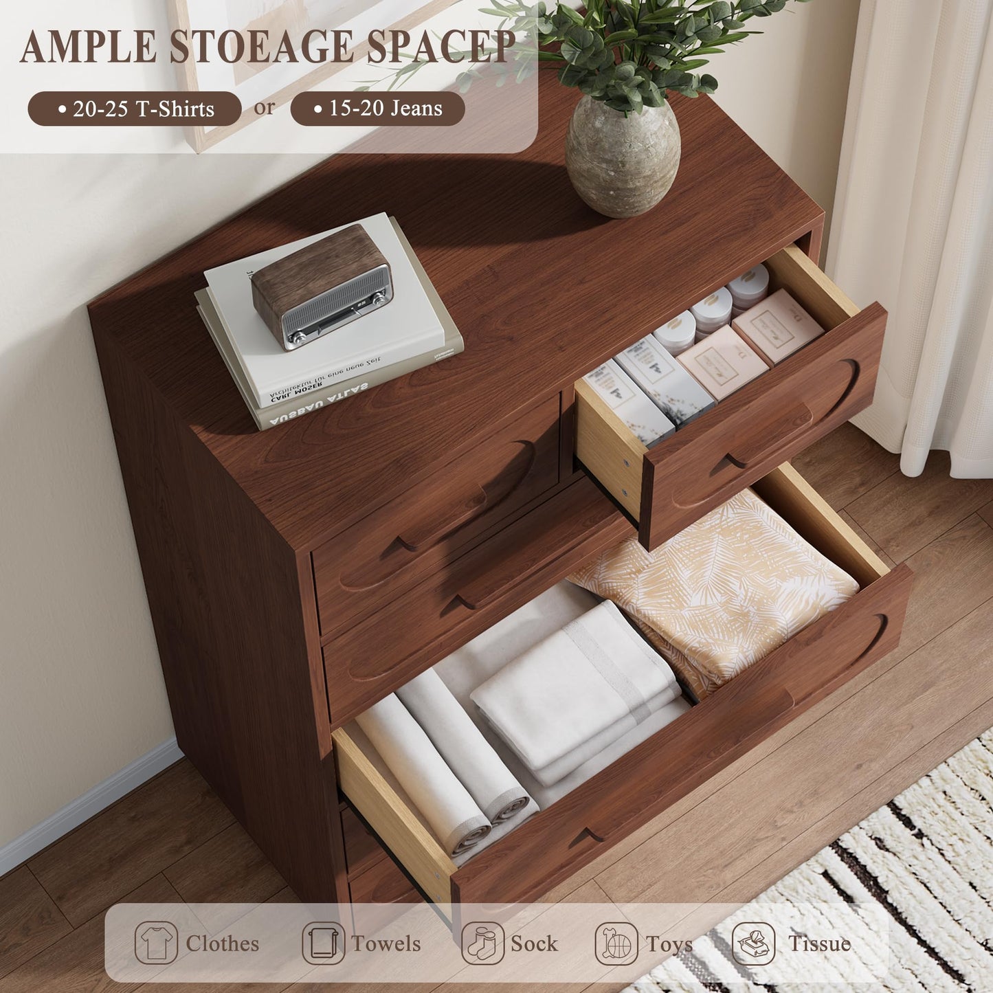YANSNWO Walnut 6 Drawer Dresser for Bedroom, 44" Tall Dressers & Chest of Drawers w/Solid Wood Handle, Wood Mid Century Closet Organizers and Storage Cabinet for Bedroom, Living Room, Hallway, Walnut