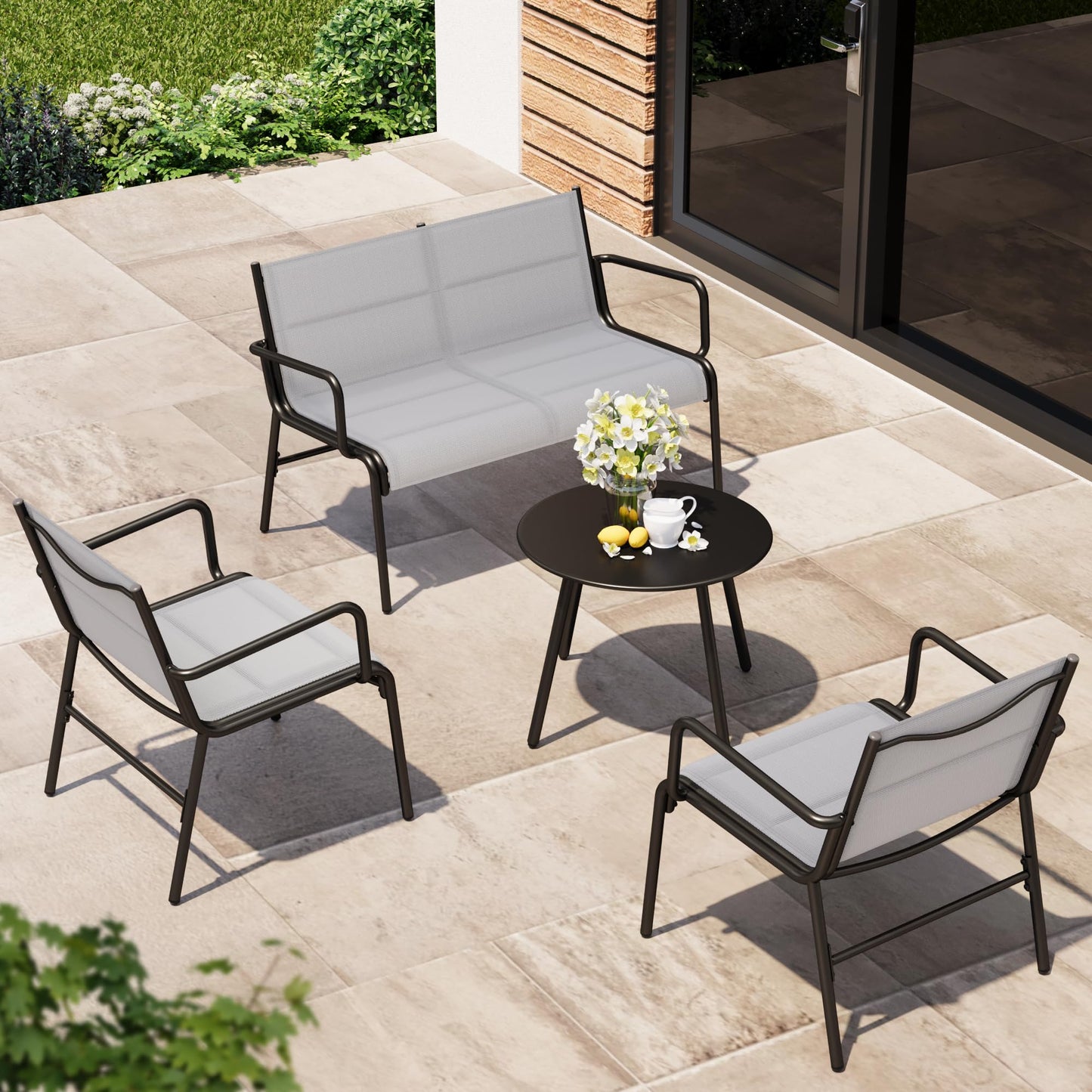 East Oak 4-Piece Patio Furniture Set, Waterproof Outdoor Furniture Set, Patio Sofa with Coffee Table for Balcony or Porch, 4 Seats Patio Conversation Sets for Backyard in Grey