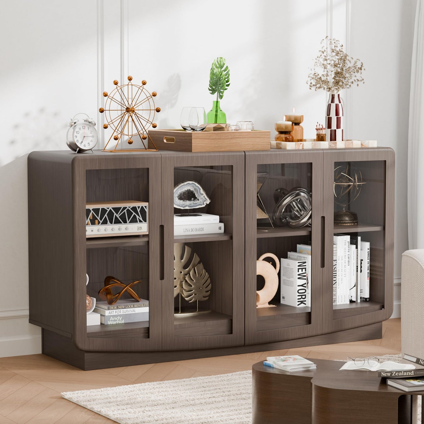 Trygoal 55" Walnut 4 Glass Door Sideboard Credenza, Modern Storage Buffet with Shelves, Multi-Use Coffee Bar Console for Kitchen Living Room Entryway