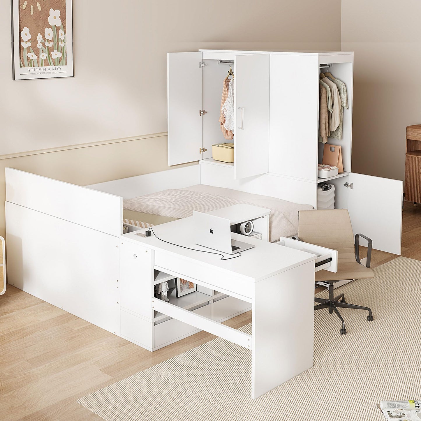 Merax Full Size Platform Bed with 6 Storage Drawers, Wooden Daybed with Desk, Sheves and Wardrobe