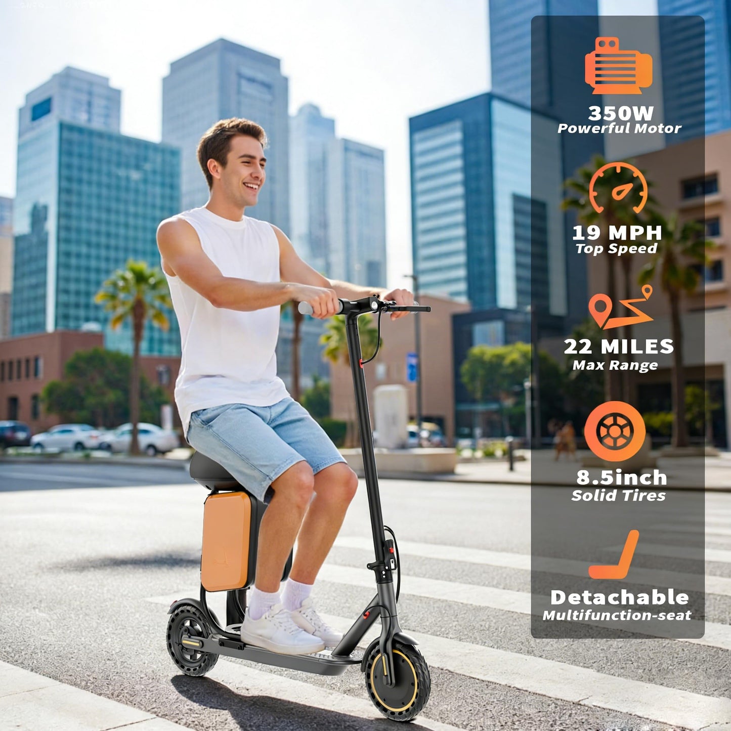 Qlaway 8.5" E Scooter with Seat, 19 MPH 350W Motor 280.8WH Battery, Motorized Up to 22 Miles Range, Foldable Scooter Bearing 265 LBS/APP