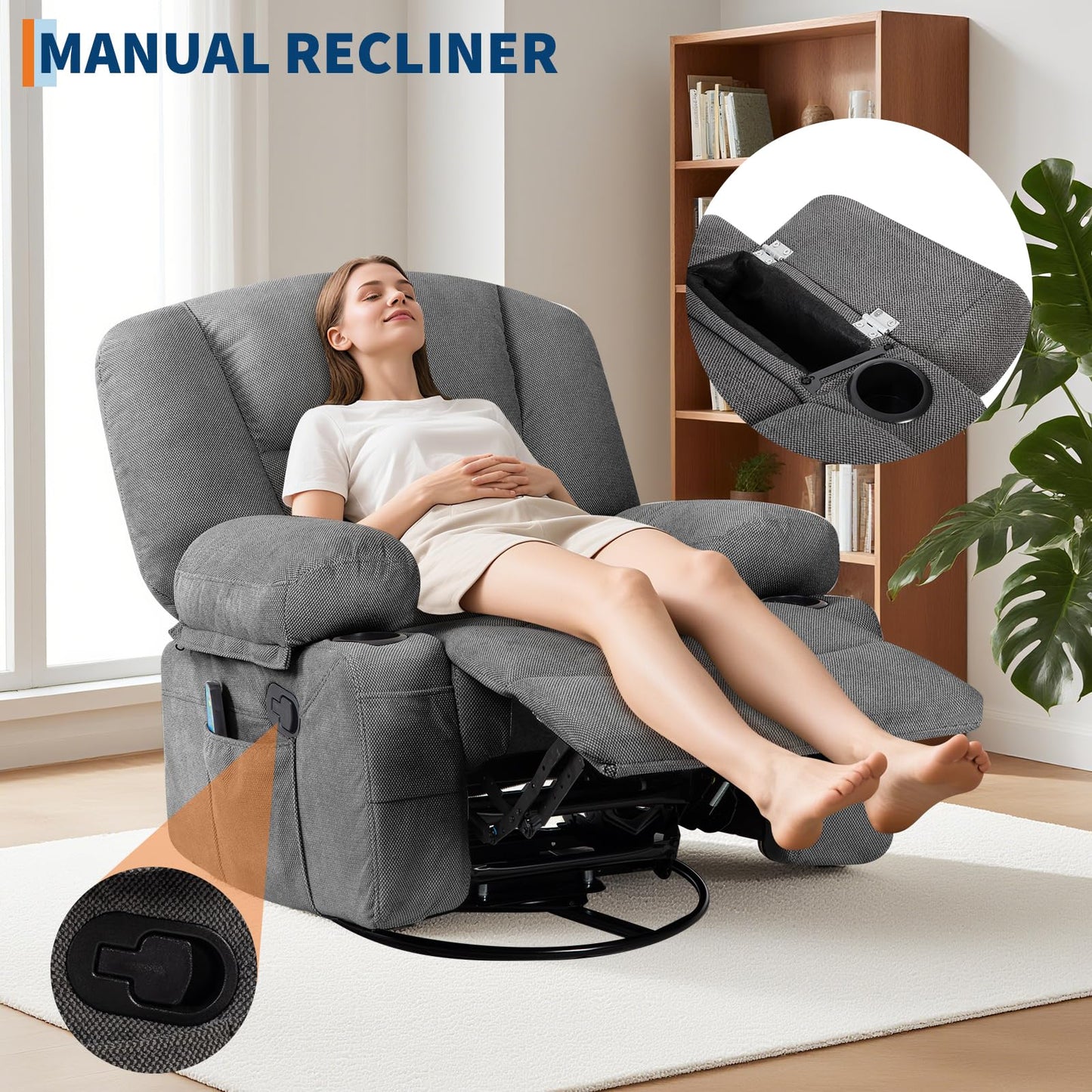 Massage Rocking Recliner Chair with Vibration and Heat, 360° Swivel Chenille Rocker Chairs for Living Room, Home Theater Seating with Cup Holders & Side Pocket for Adults, Living Room, Bedroom, Grey