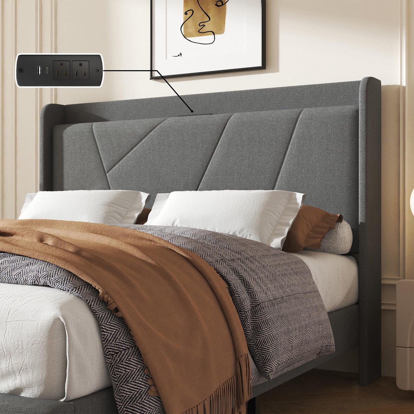 King Size Linen Bed Frame, Storage Headboard with Charging Station, Upholstered Platform Bed with Wooden Slats Support, Solid and Stable, Noise Free, No Box Spring Needed, Easy Assembly, Gray