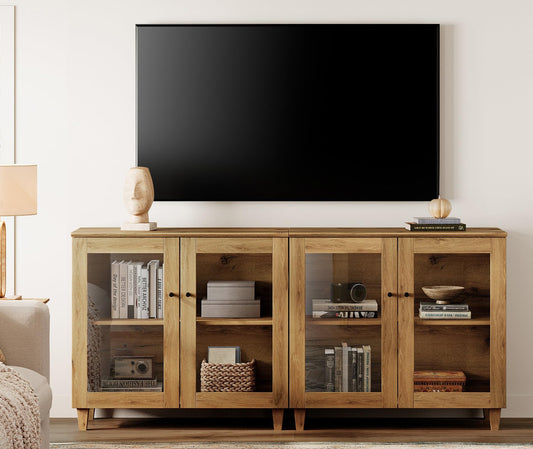 WAMPAT TV Stand for 75+ Inch TV, Media Console w/Glass Doors, Oak Brown