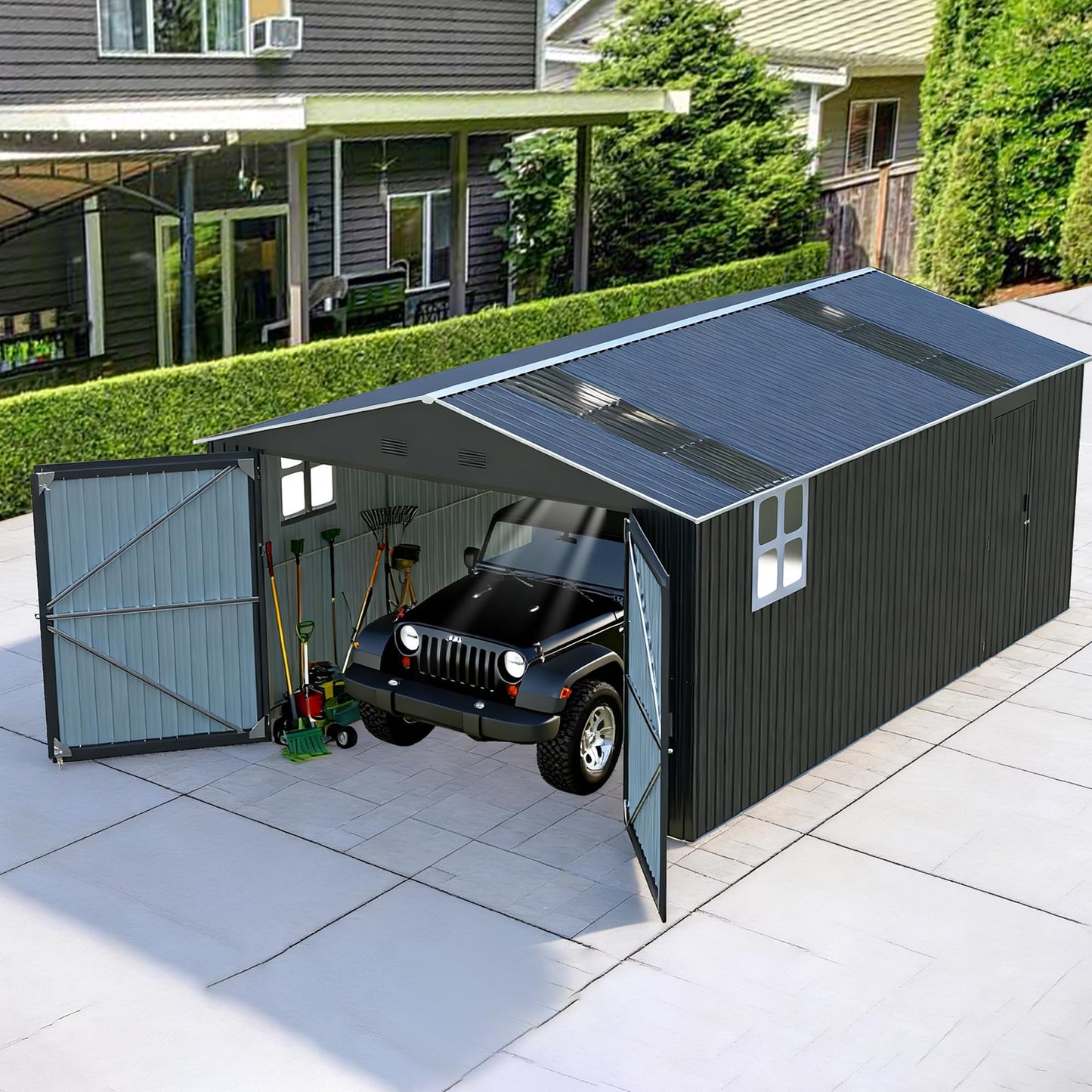 LANTRO JS Large Storage Shed 13x20ft, Outdoor Metal Garage Shed with 2 Doors and 2 Windows, Heavy Duty, Black