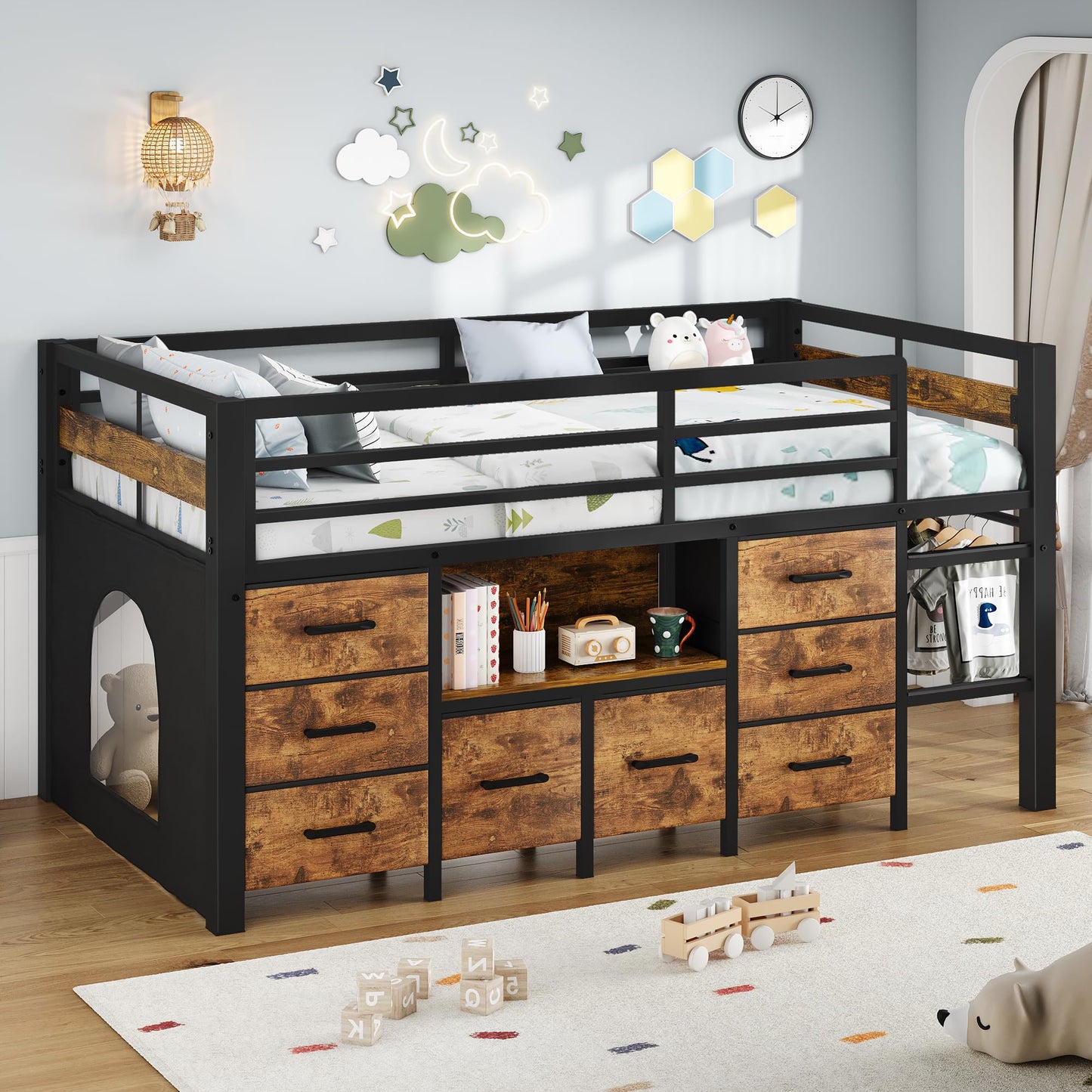 iPormis Low Loft Bed Twin Size with Bookcase, 8 Storage Drawers, Metal Kids Loft Bed with 13 Inch H Safety Guardrail, Play Curtain, Under-Bed Play Space - Rustic Brown