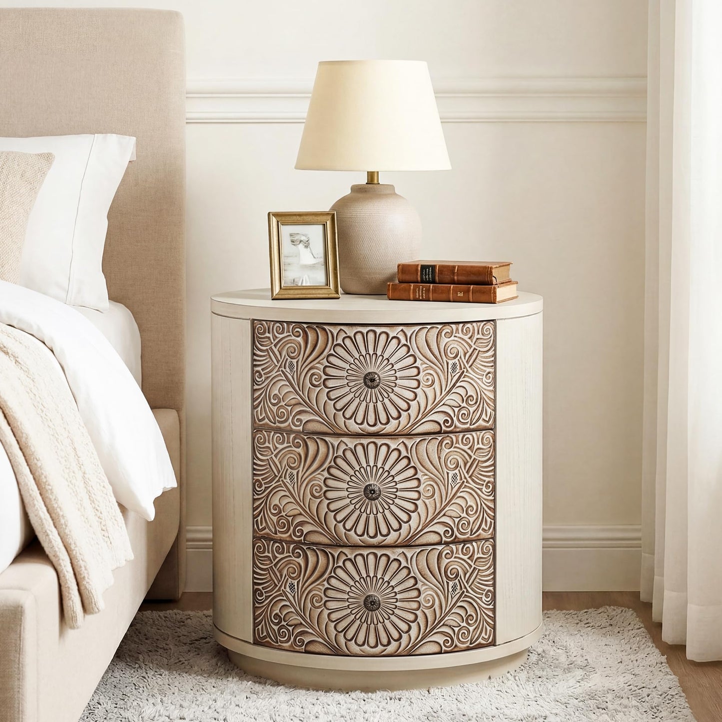 COSIEST 3 Drawer Chest of Drawers, 20 inch MDF Round Storage Cabinet, Retro Whitewash Finish Nightstand, Wood Bedside Table with Drawers for Bedroom Living Room,Light Gray