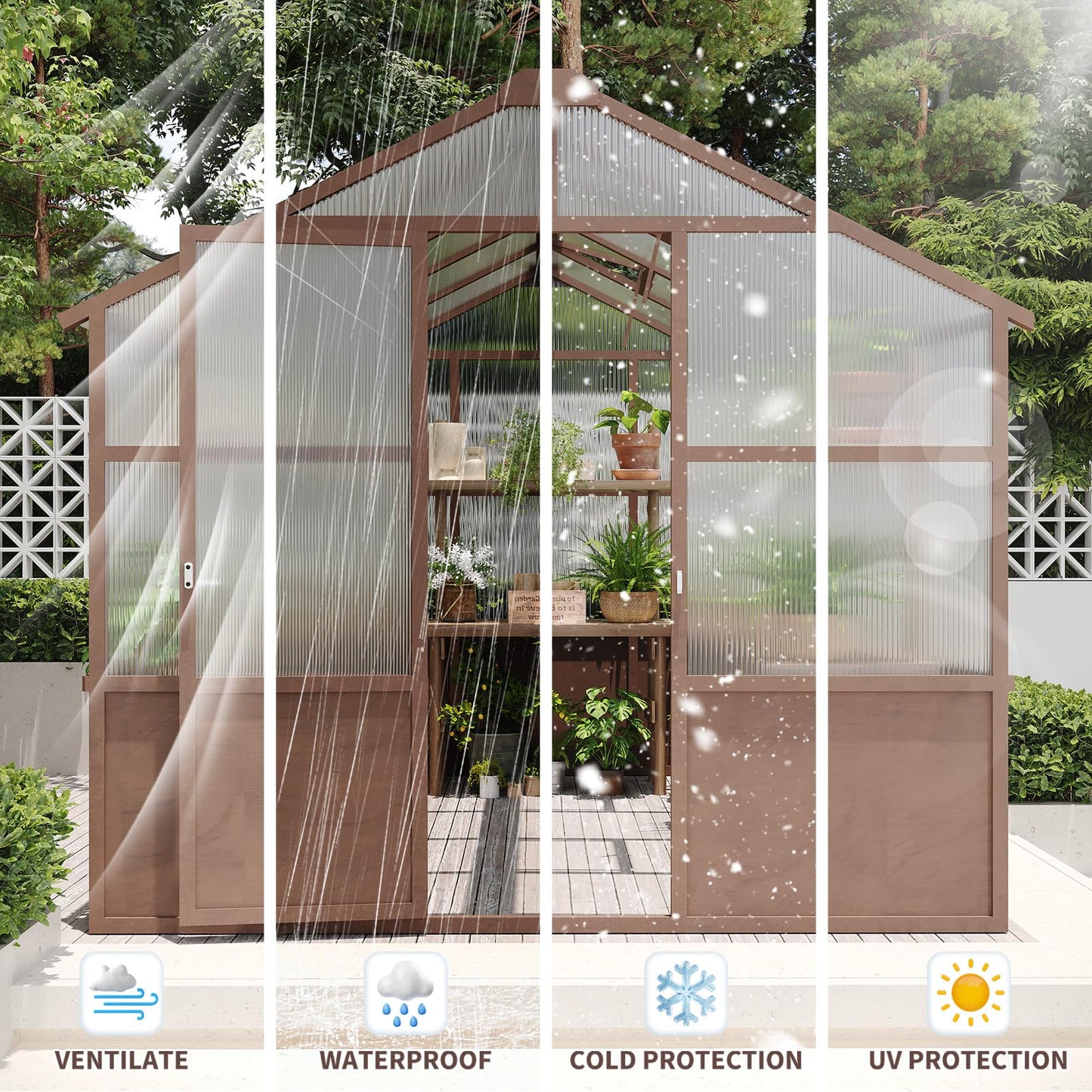 KEIKI 8x10 FT Greenhouse Outdoor, Thick Polycarbonate Greenhouses with Wood Frame, Walk-in Gardening Green House for Outside Patio Backyard, Lockable Door & Ajustable Roof Vent, Easy Assembly, Walnut