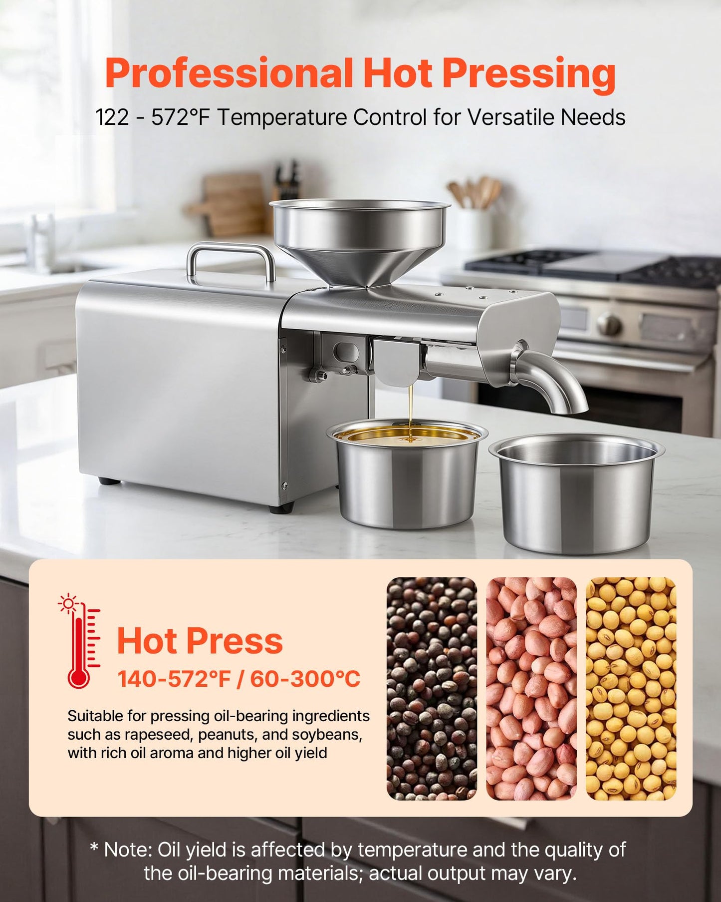 VEVOR Oil Press Machine, 8.27 LBS/H Capacity, Oil Extractor Machine, Automatic Electric Oil Maker for Home Commercial Use, 122℉–572℉ Hot Pressing for Peanuts Sesames Soybeans Almonds