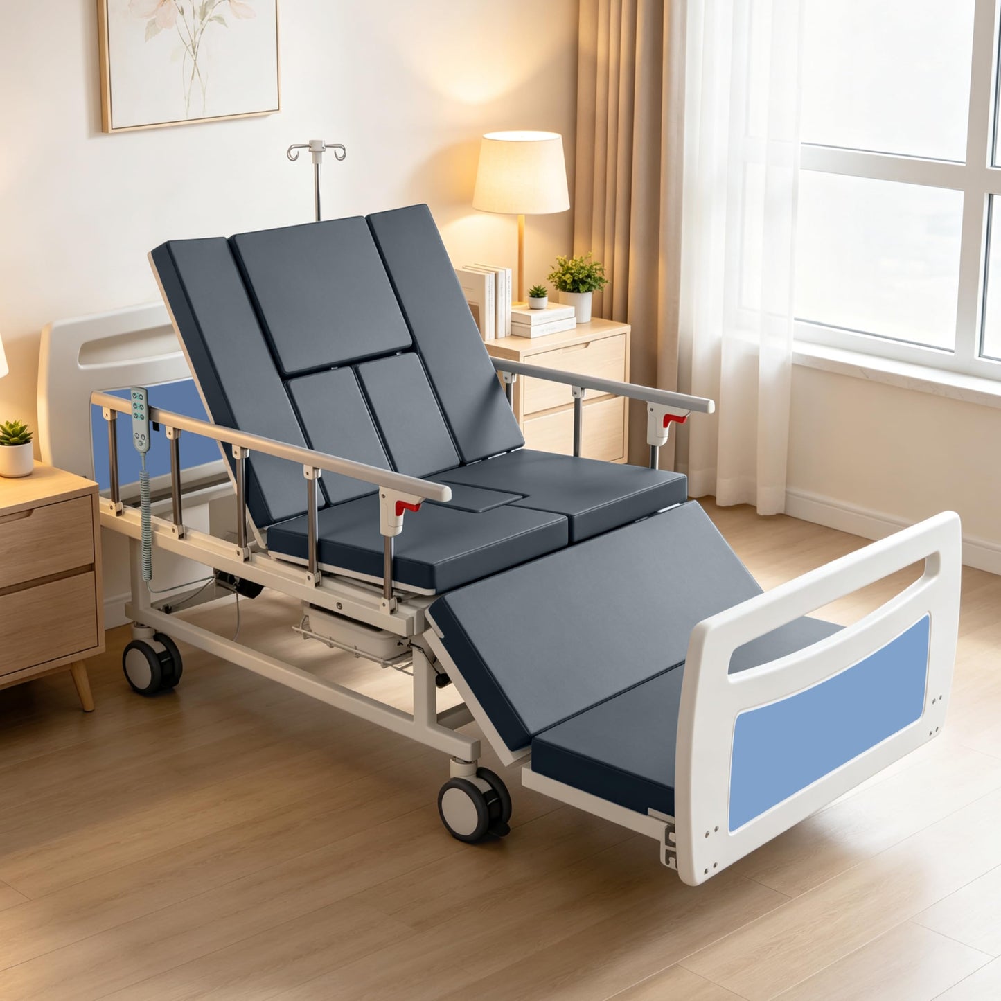 OLERN Advanced Full Electric Hospital Bed for Home Use,Adjustable Nursing Bed with Remote Control,5" Large Locking Casters,Waterproof Foam Mattress,IV Pole,Bedpan,Hair-Washing Device,550 LBS Loading