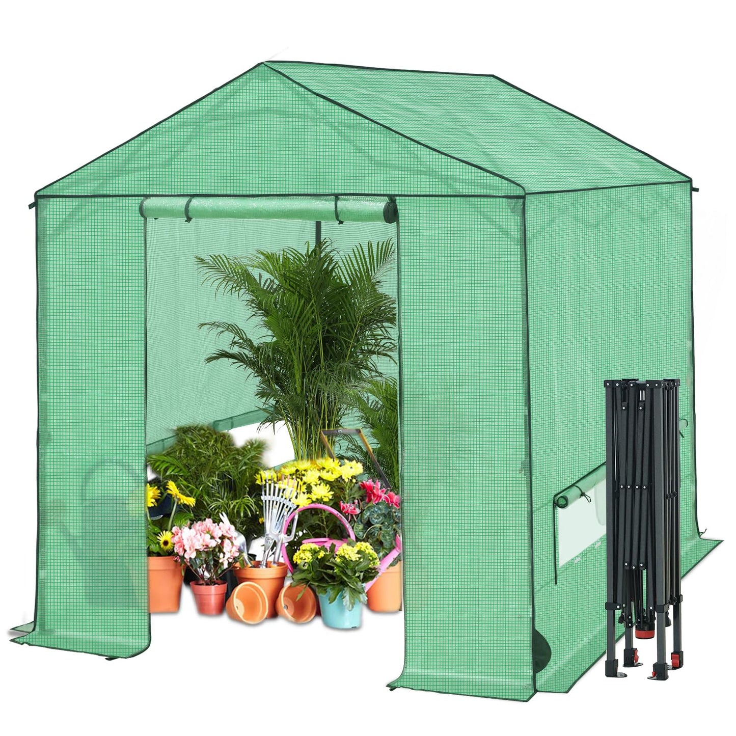 INTER HUT 8x8 Pop Up Greenhouse, Instant Walk in Green House with PE Cover, Power Ports, Roll up Doors & Windows for Indoor Outdoor Plant Growing, Green