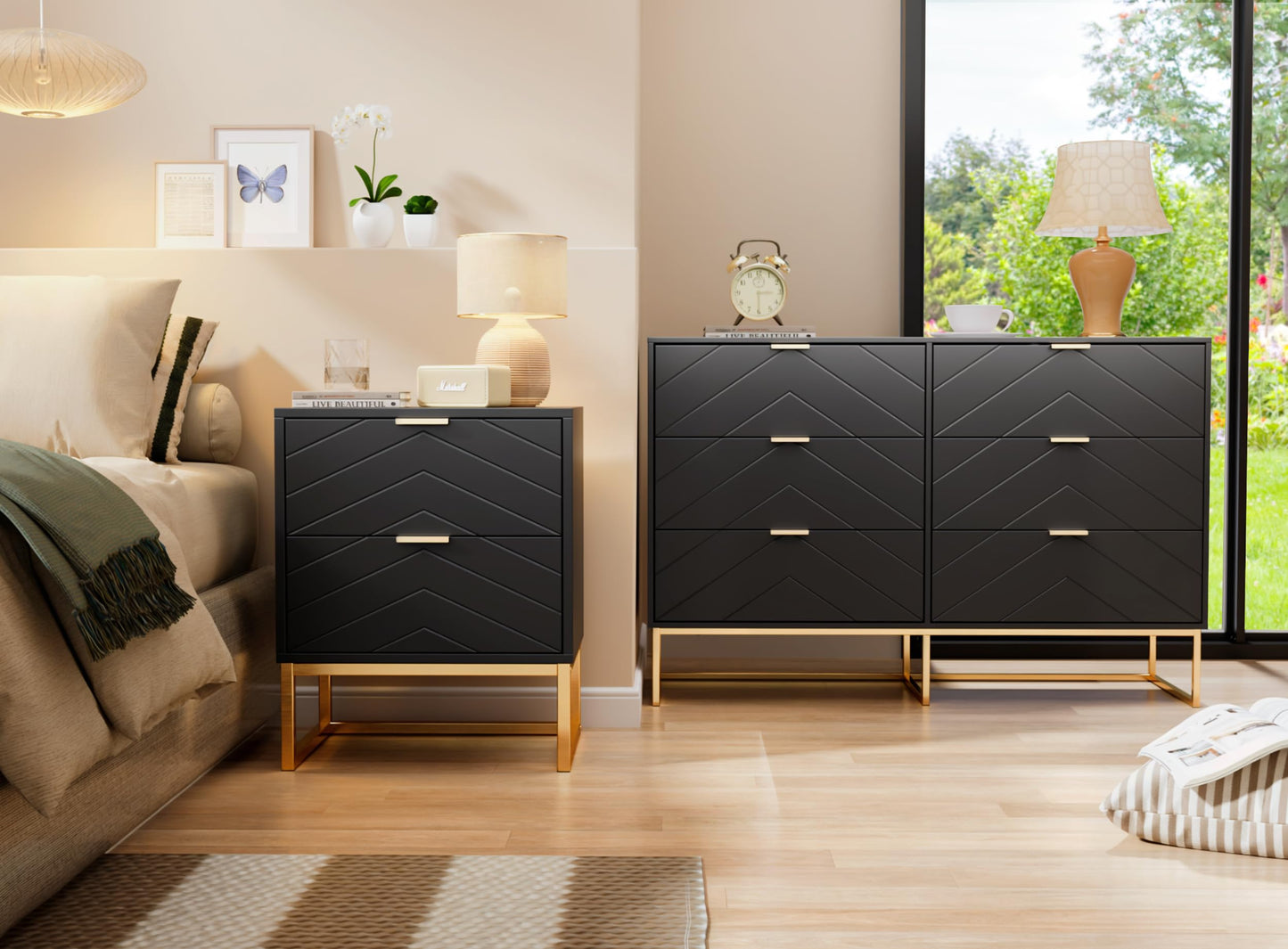 Anbuy Morden 3 Pieces Bedroom Sets, 6 Drawer Dresser and Nightstand Sets for Bedroom, Night Stand Set of 2 & 6 Drawer Dresser with Gold Handles, Morden Wood Chest of Drawers Storage Cabinet Set, Black