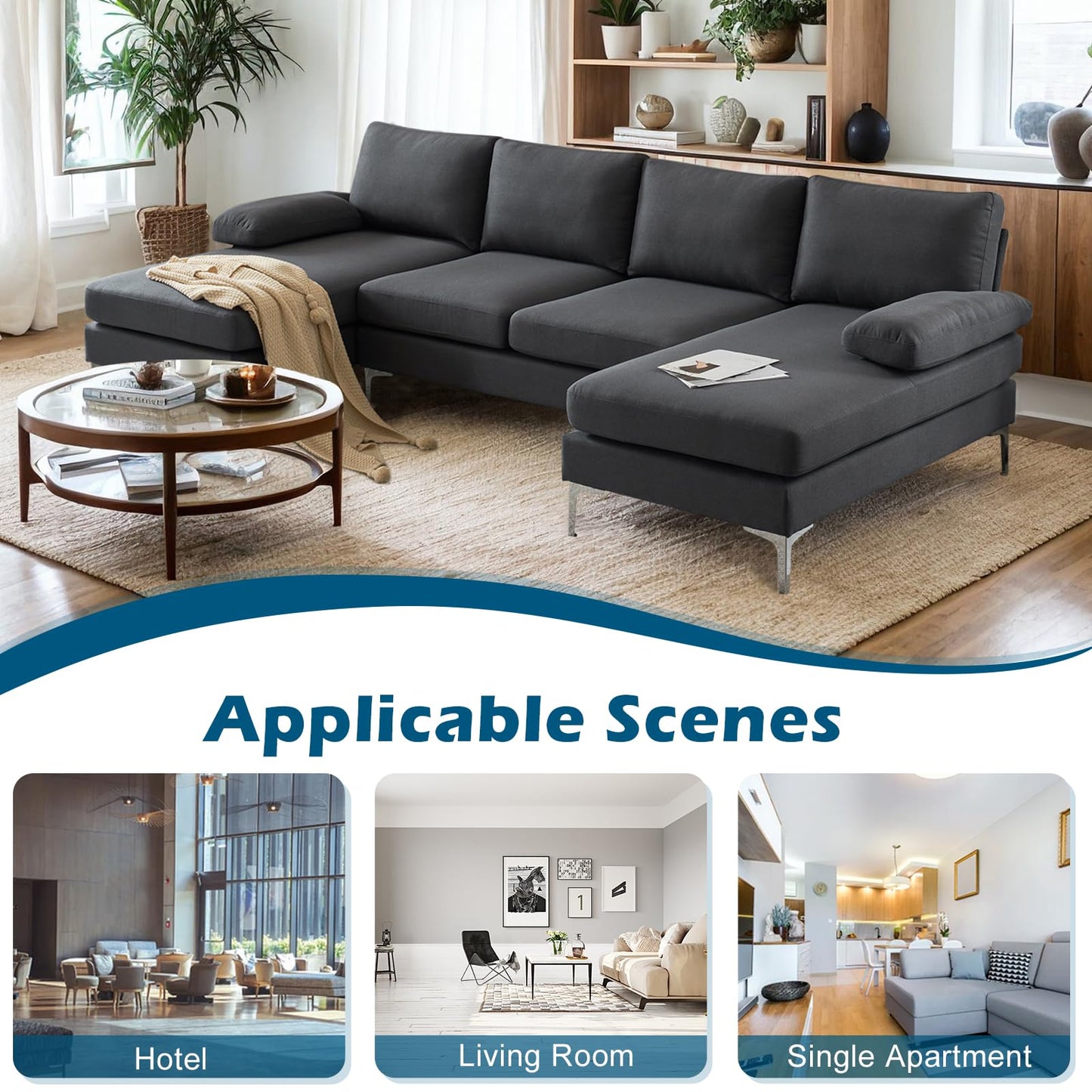 VINGLI 110" Modern Sectional Couch with 51" D Double Chaise, Dark Grey Deep Seat U Shaped Couch with Removable Pillows & Metal Legs, Comfy 4-Seat Sofas for Living Room, Linen Fabric