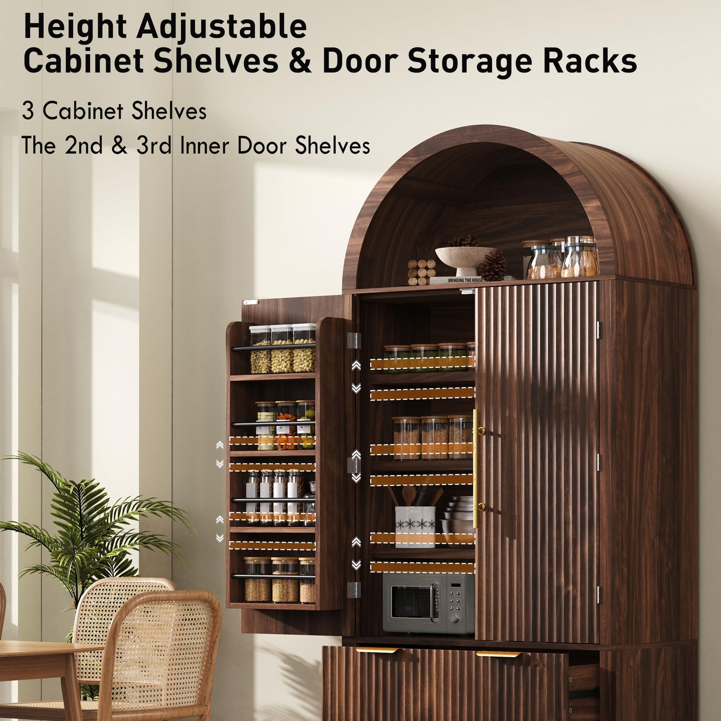 Merax 72" Tall Arched Kitchen Pantry Cabinet with 2 Drawers, Mid Century Modern Fluted Storage Cabinet with 3 Adjustable Shelves & 8 Door Shelves, Wooden Cupboard Organizer for Kitchens (Walnut)