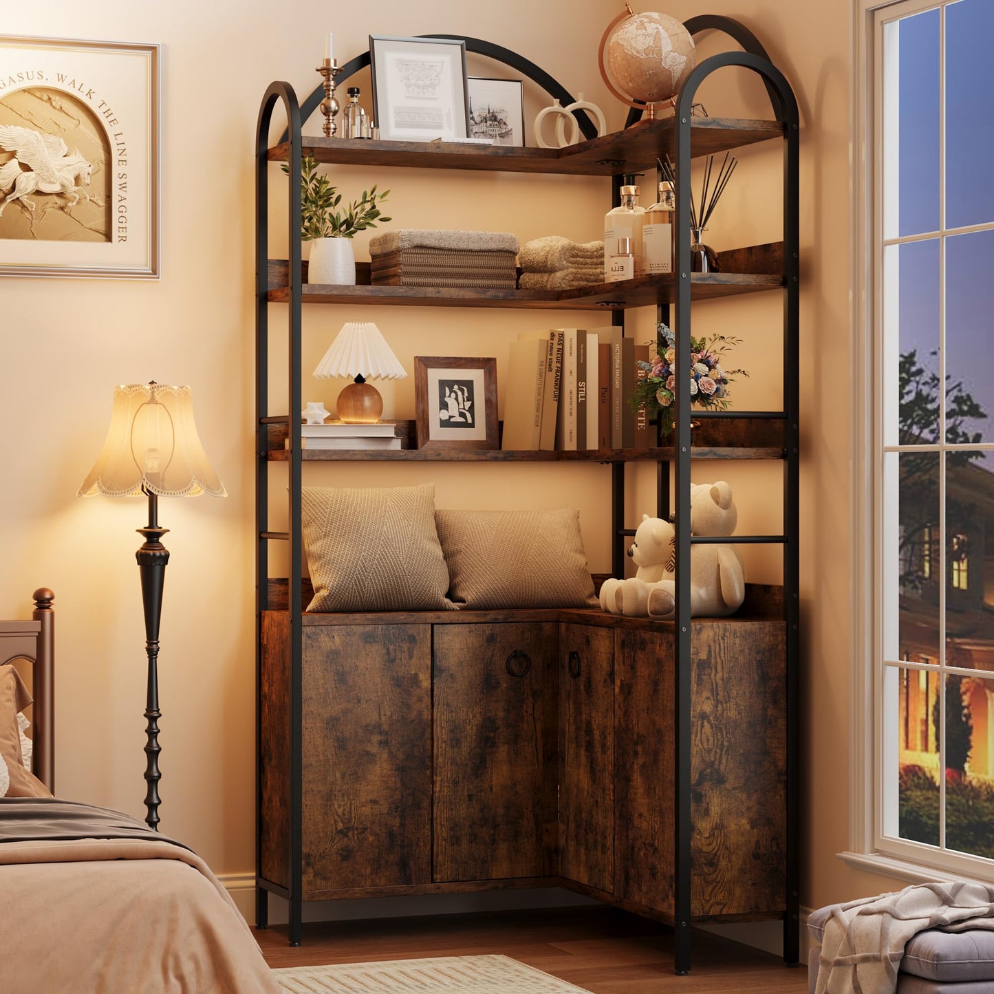 Garvee Corner Bookshelf with Storage, 74.5" Corner Bookcase with Cabinet, Large l Shaped Bookshelf Arched 6 Tier Corner Bookcase with Metal Frame for Living Room Bedroom