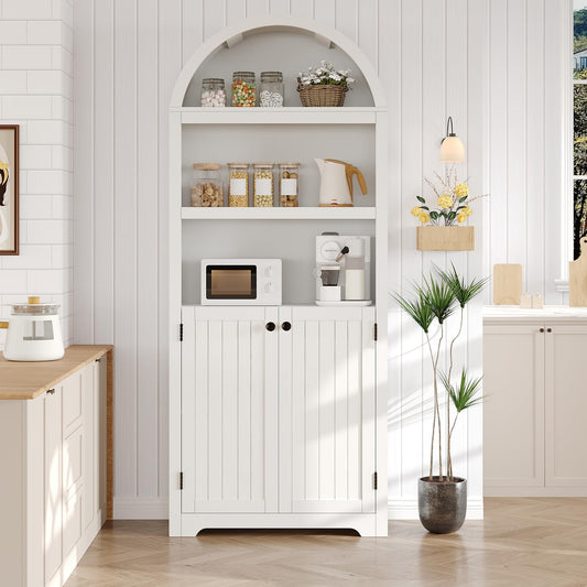 IDEALHOUSE Arched Bookcase with Doors, 72 Inch Tall Storage Bookshelf with Cabinet and Shelves, Wooden Display Bookcase for Living Room, Home Office, White with Black Handles