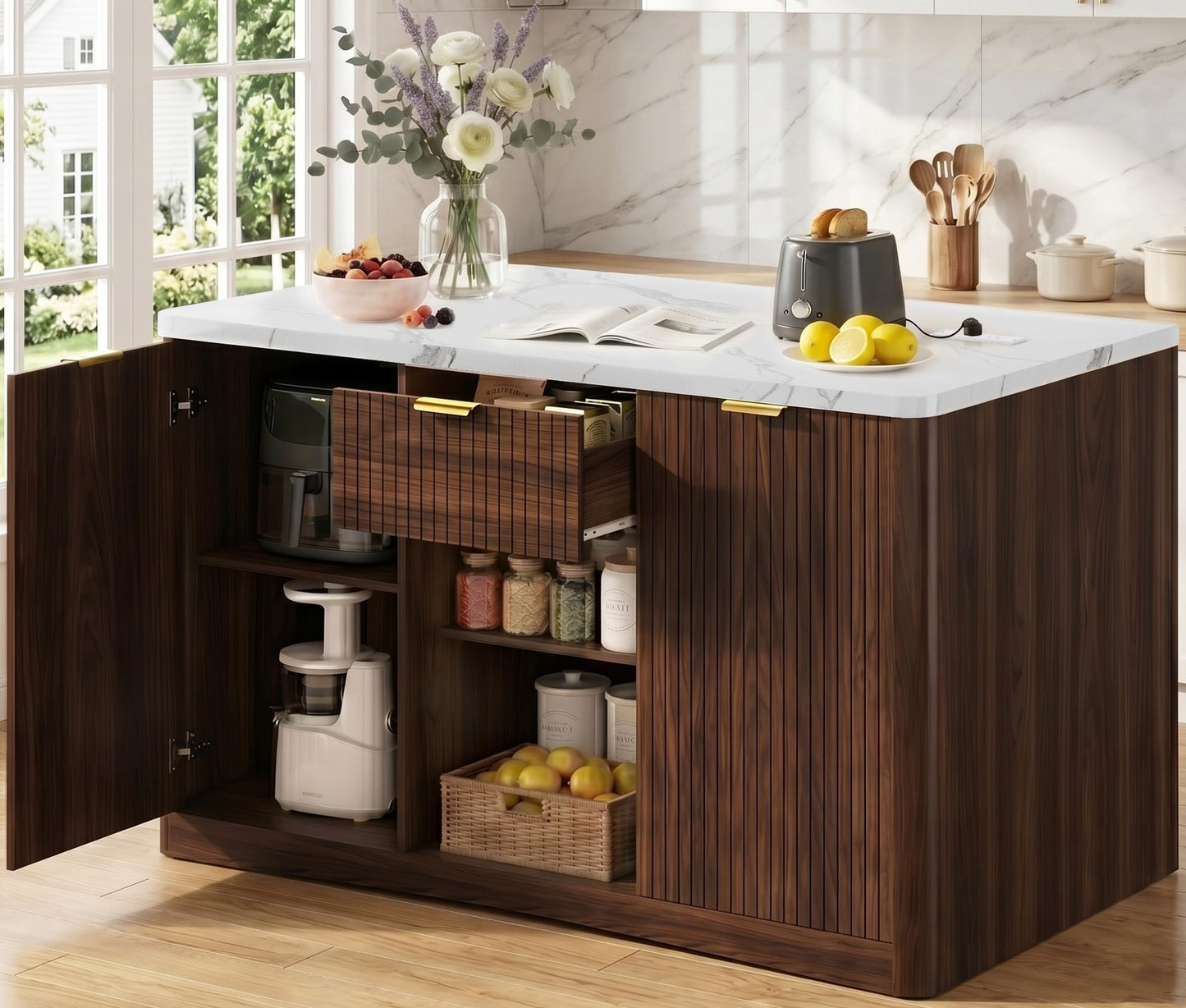 Homiflex Kitchen Island with Storage, 47" Island Table for Kitchen Large Kitchen Islands with Drawers Rolling Kitchen Island with Power Outlet & Adjustable Shelf Bar Cart for Dining Room- Walnut