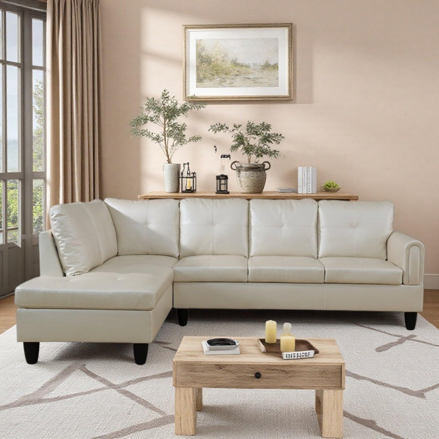 NicBex Leather Couches for Living Room, 2-Piece 97" L-Shaped Sectional Couch with Movable Chaise, Modern Sofa Living Room Set for Apartment, Office & Bedroom, Pearl White
