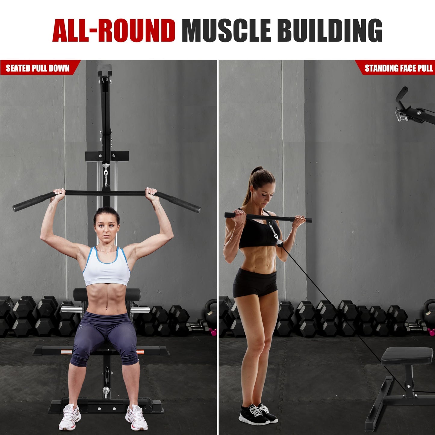 Fitvids LAT All-in-one Machine with High and Low Pulley Station, LAT PullDown and LAT Row Cable Machine, LAT Tower with Adjustable Leg Support for Home Gym Total Body Training