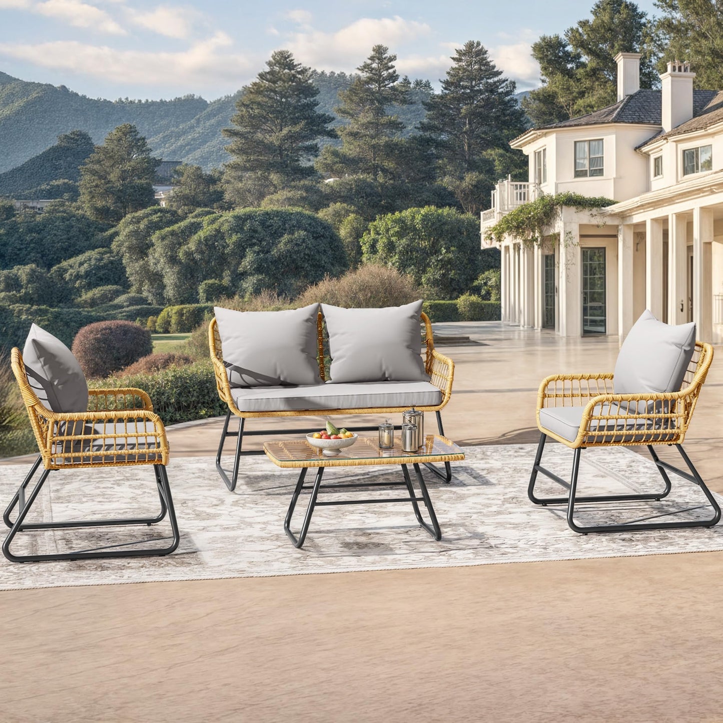 YITAHOME 4-Piece Patio Furniture Wicker Outdoor Bistro Set, All-Weather Rattan Conversation Loveseat Chairs for Backyard, Balcony and Deck with Soft Cushions and Metal Table (Light Grey+Beige)