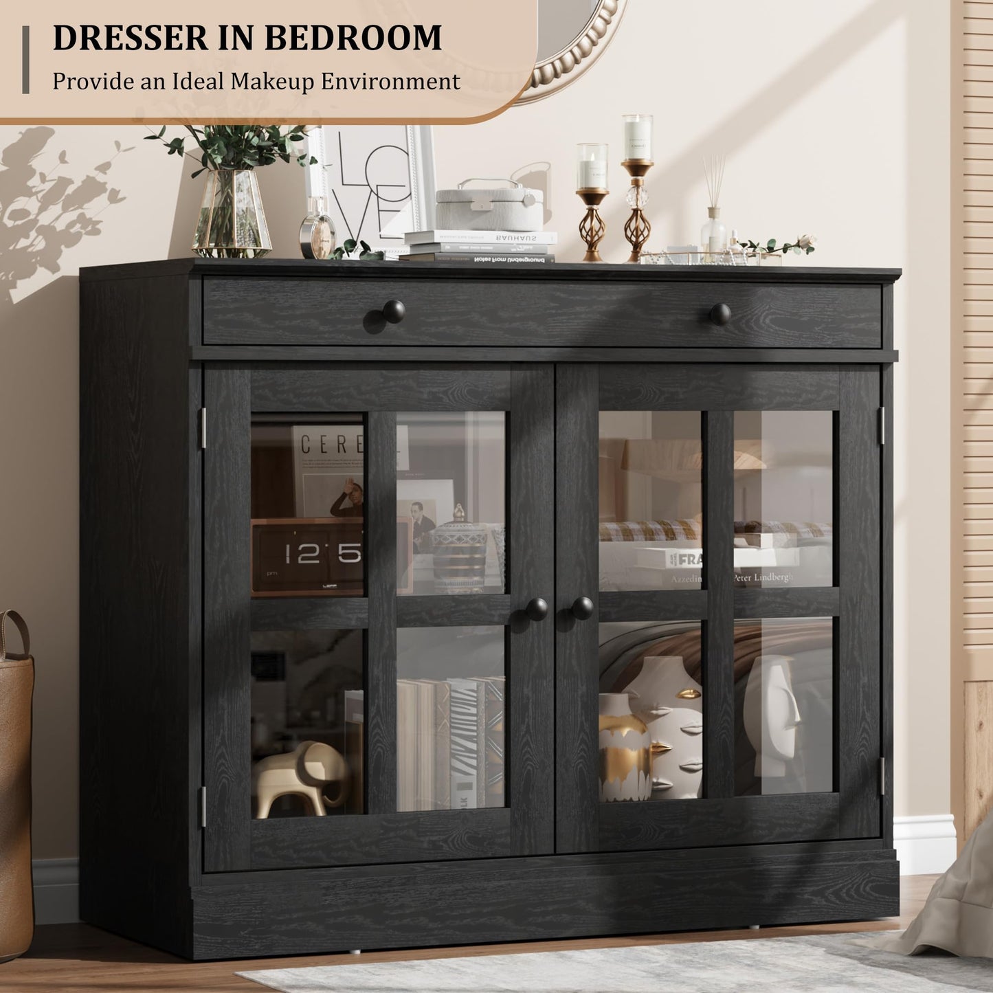 GAOMON 35.4" Modern Black Sideboard Buffet Cabinet with Glass Door, 3 Drawers & 3 Adjustable Shelves, Kitchen Coffee Bar Cabinet, 35.4" W x 30.6" H x 15.7" D