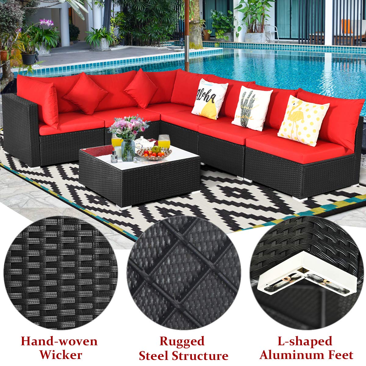 COSTWAY 7 Pieces Patio Furniture Set, Outdoor Rattan Conversation Set with 6 Seats, Coffee Tea Table, Soft Cushions, Wicker Patio Sectional Sofa for Garden Balcony Porch Poolside, Red
