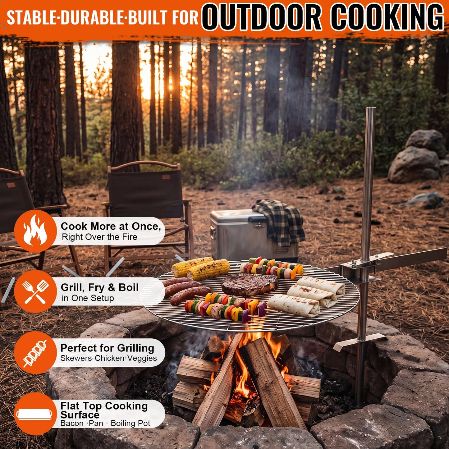 Ferrochef 24" Fire Pit Campfire Grill Grate, 24" Foldable Open Fire Cooking Grill Grate Portable Stainless Steel Camping Cooking Barbecue Rack Heavy-duty, Easy Setup & Adjustable Height for Outdoor