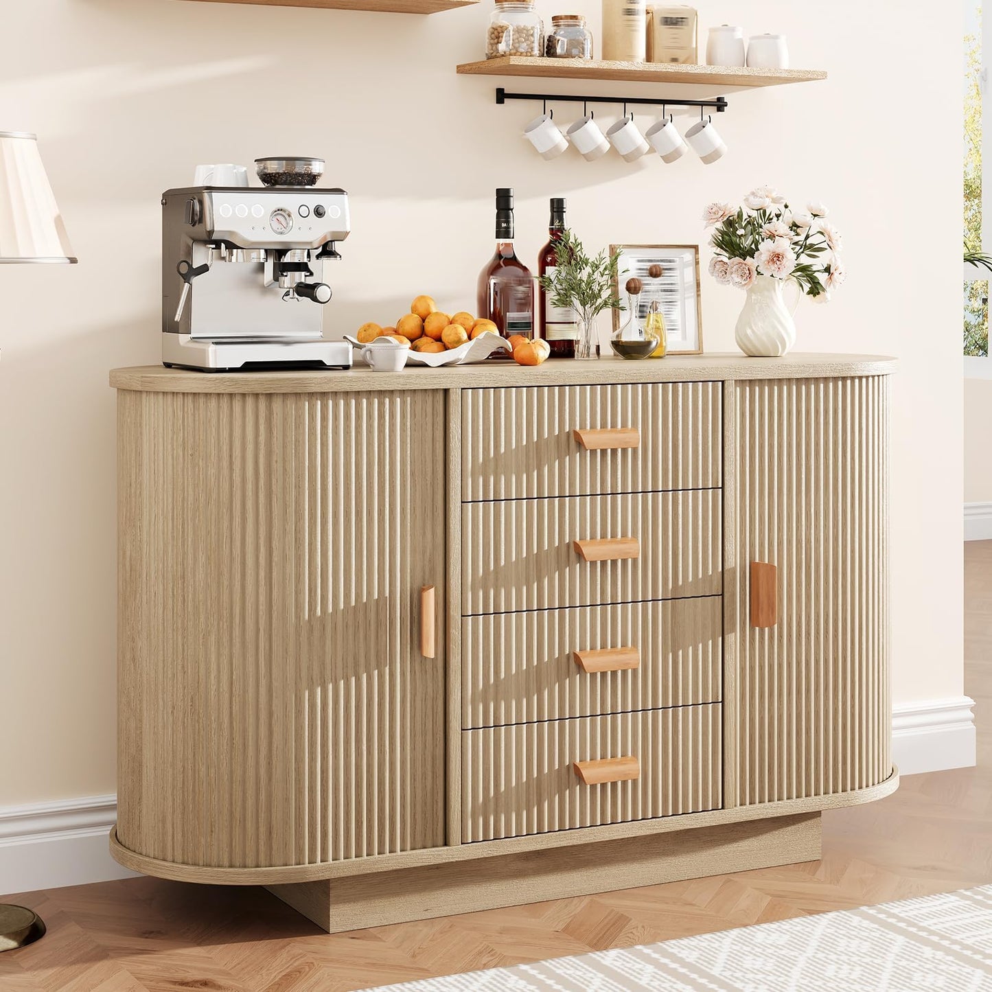 47" Fluted Sideboard Buffet Cabinet with 4 Drawers and 2 Arched Sliding Doors, Coffee Bar Storage Console Cabinet,Multi-Functional Coffee Bar Cabinet, Accent Table for Dining Living Room, Natural Oak