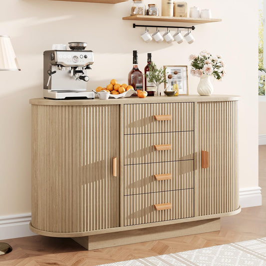 47" Fluted Sideboard Buffet Cabinet with 4 Drawers and 2 Arched Sliding Doors, Coffee Bar Storage Console Cabinet,Multi-Functional Coffee Bar Cabinet, Accent Table for Dining Living Room, Natural Oak