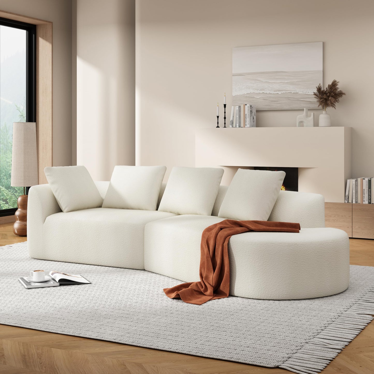 Merax 116" Curved Polyester Sectional Sofa, Modern Pearl Upholstery 3 Seat Cloud Couch with Chaise Lounge & 4 Pillows for Living Room, Beige