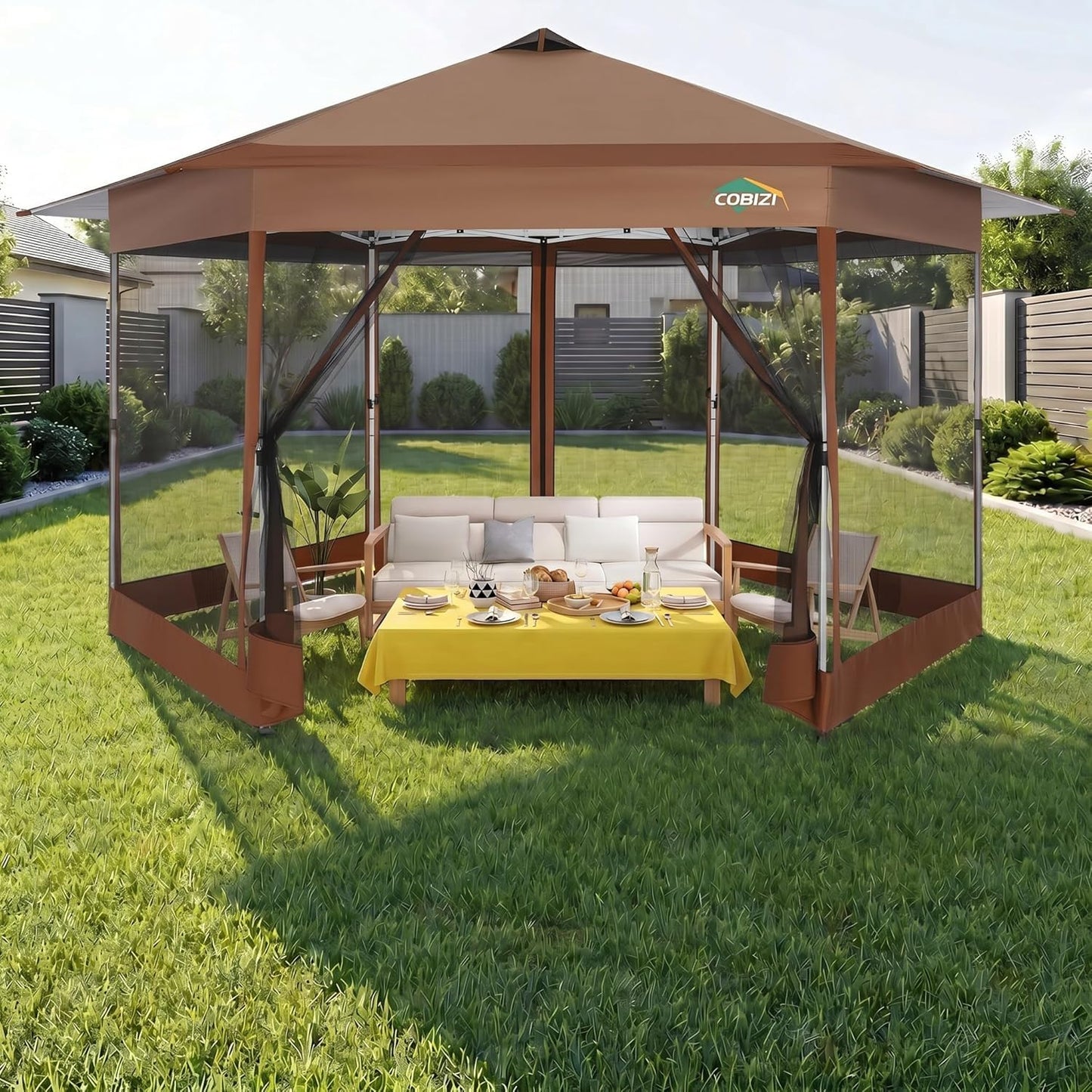 COBIZI 16x16 Pop up Gazebo on Clearance, Hexagonal Outdoor Canopy Tent with Mosquito Netting, Adjustable Height and 256 Square ft of Shade for Party, Backyard, Gardens with Vented Top（Brown）