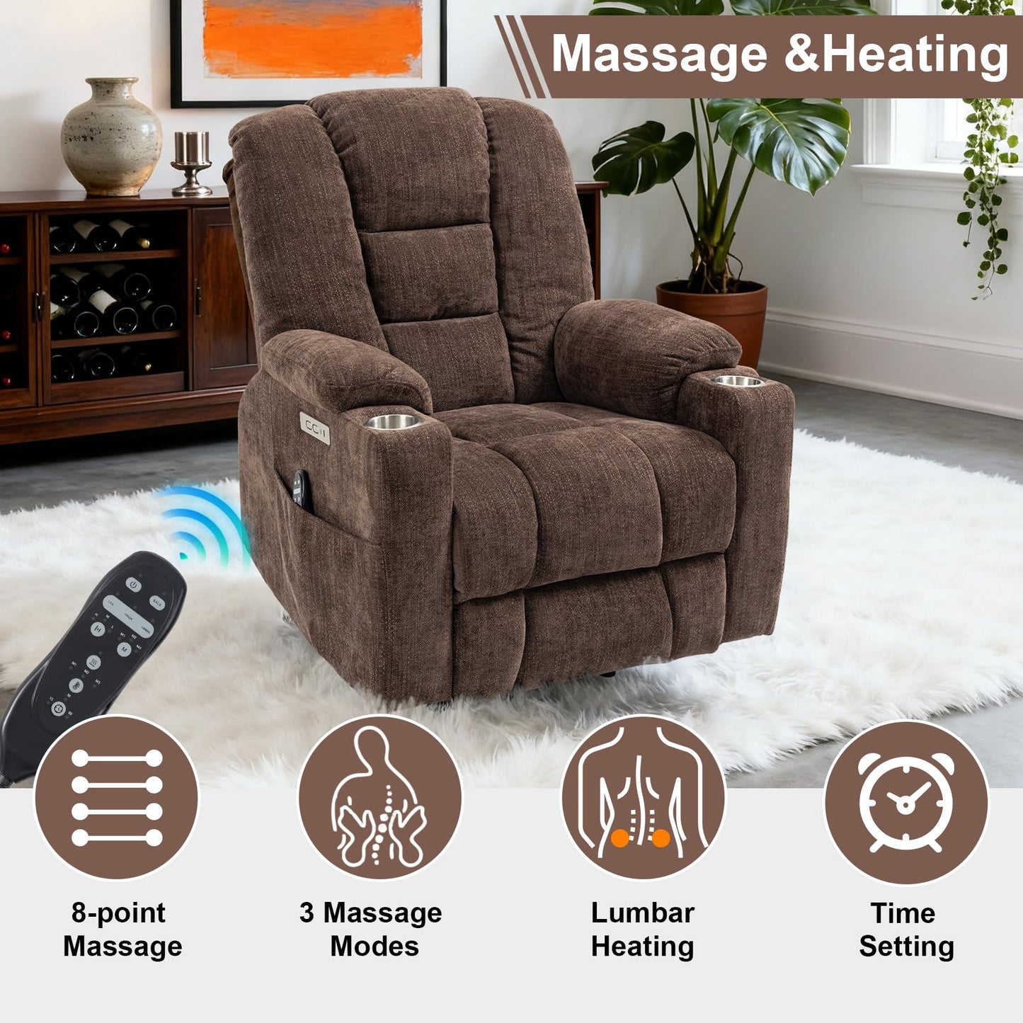 RHHVVR Power Lift Recliner Chair for Eldery, Chenille Electric Recliner Chairs with Massage and Heat, Remote Control Standing Assistance Lay Flat Recliner Sofa for Living Room Medium-Firm,Brown