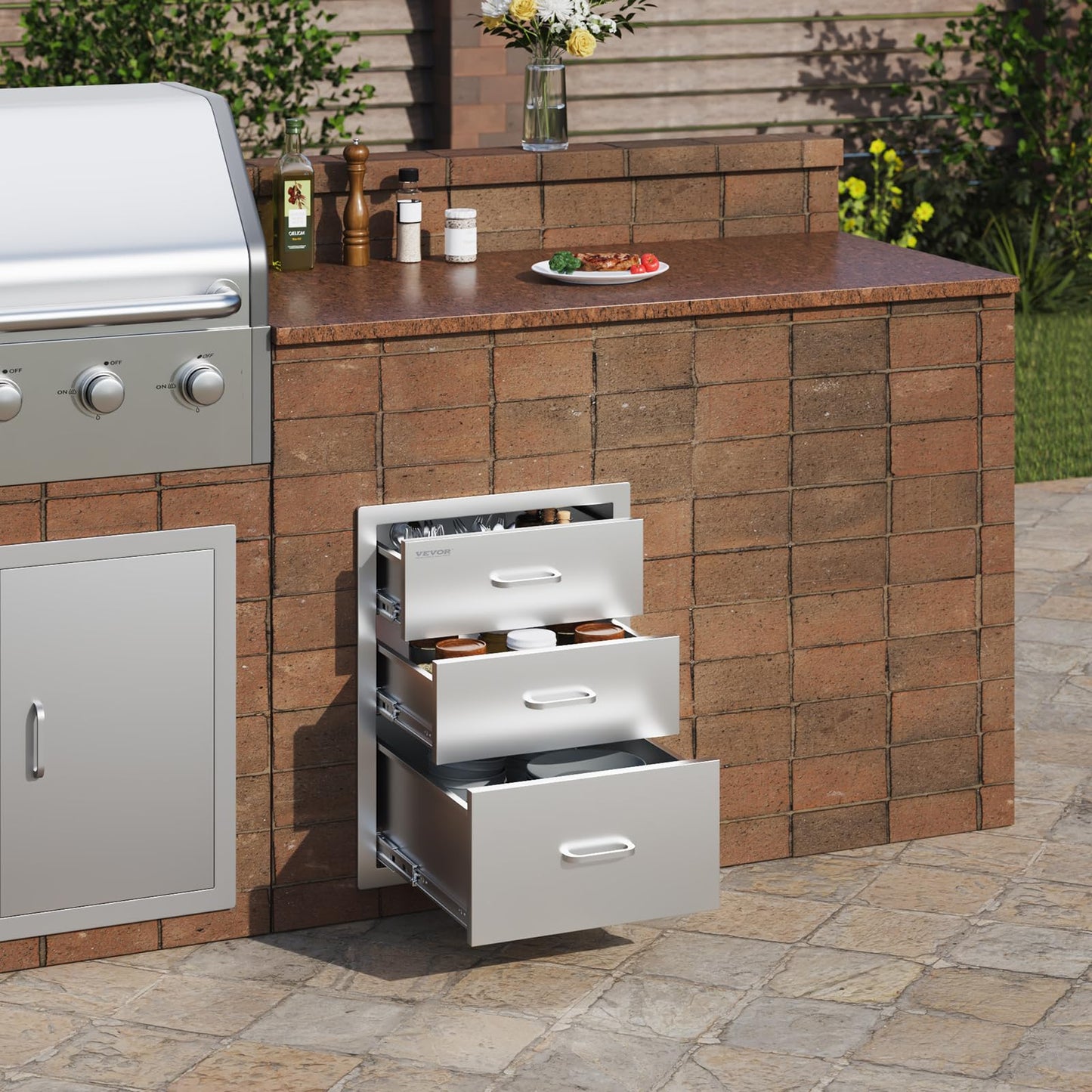 VEVOR 18x23 Inch Outdoor Kitchen Cabinets 18W x 20.5H x 23D Inch, BBQ Drawers Stainless Steel, Outdoor Kitchen Drawers Triple Access with Chrome Handle, BBQ Island Drawers, Grill Drawers Storage