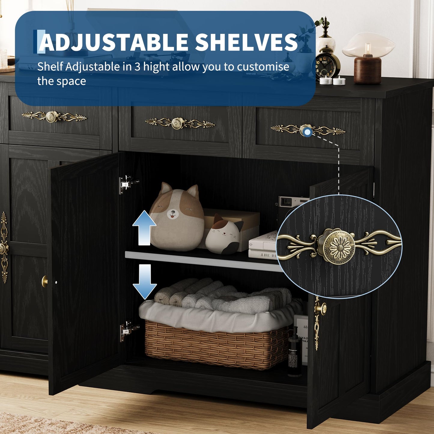Garvee 63" Large Buffet Sideboard with Storage, 36" Tall Kitchen Buffet Storage Cabinet with 4 Drawers, Modern Coffee Bar Cabinet with Gold Handles, Long Sideboard Buffet Table for Kichen, Black
