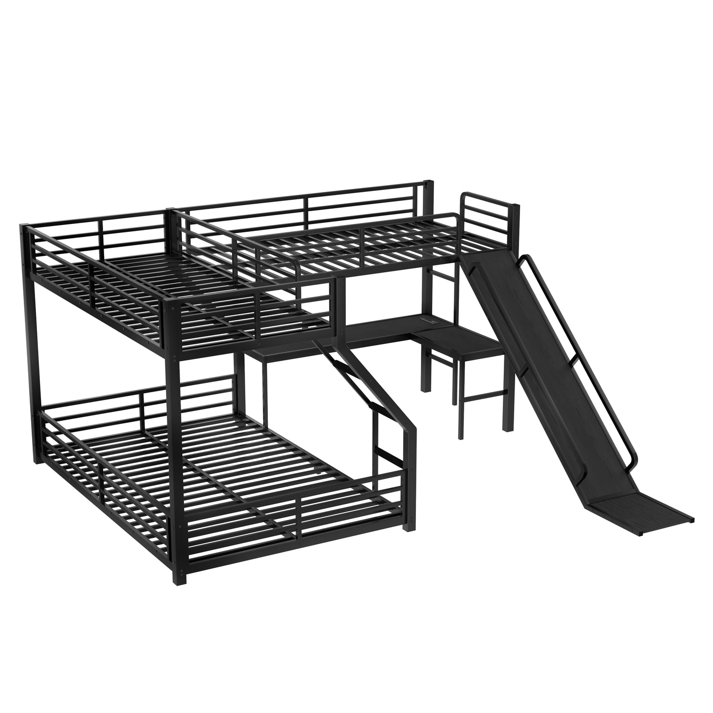 Metal Twin XL Over Queen Bunk Beds with Twin Loft Beds, Heavy Duty Triple Bunk Bed Frame with Slide and Desk,L-Shaped Triple Bunk Beds with Charging Station for 3 Kids,Black