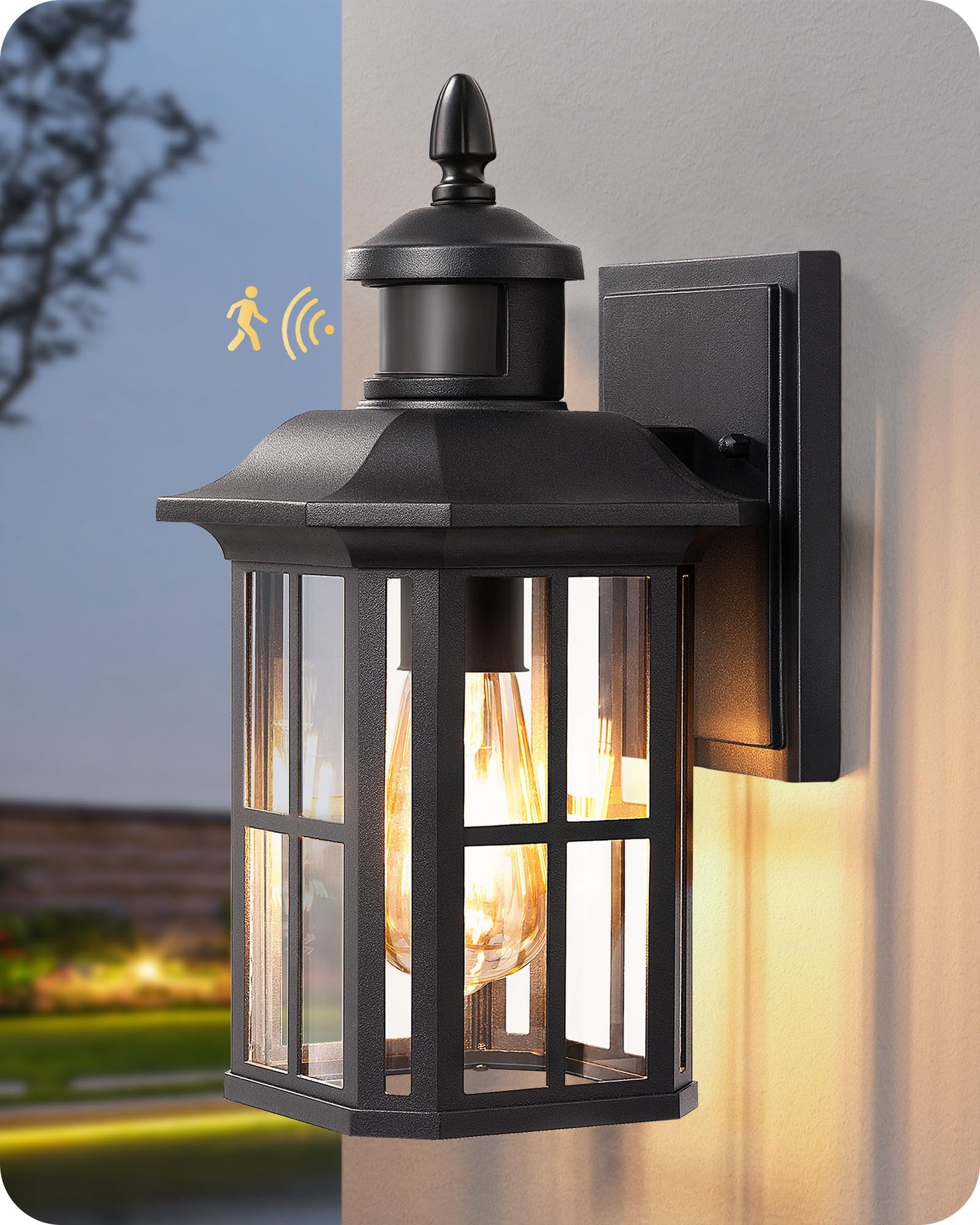 EDISHINE Motion Sensor Outdoor Wall Light Fixture, Black Aluminum Sconce, Dusk to Dawn, Model HOWL07