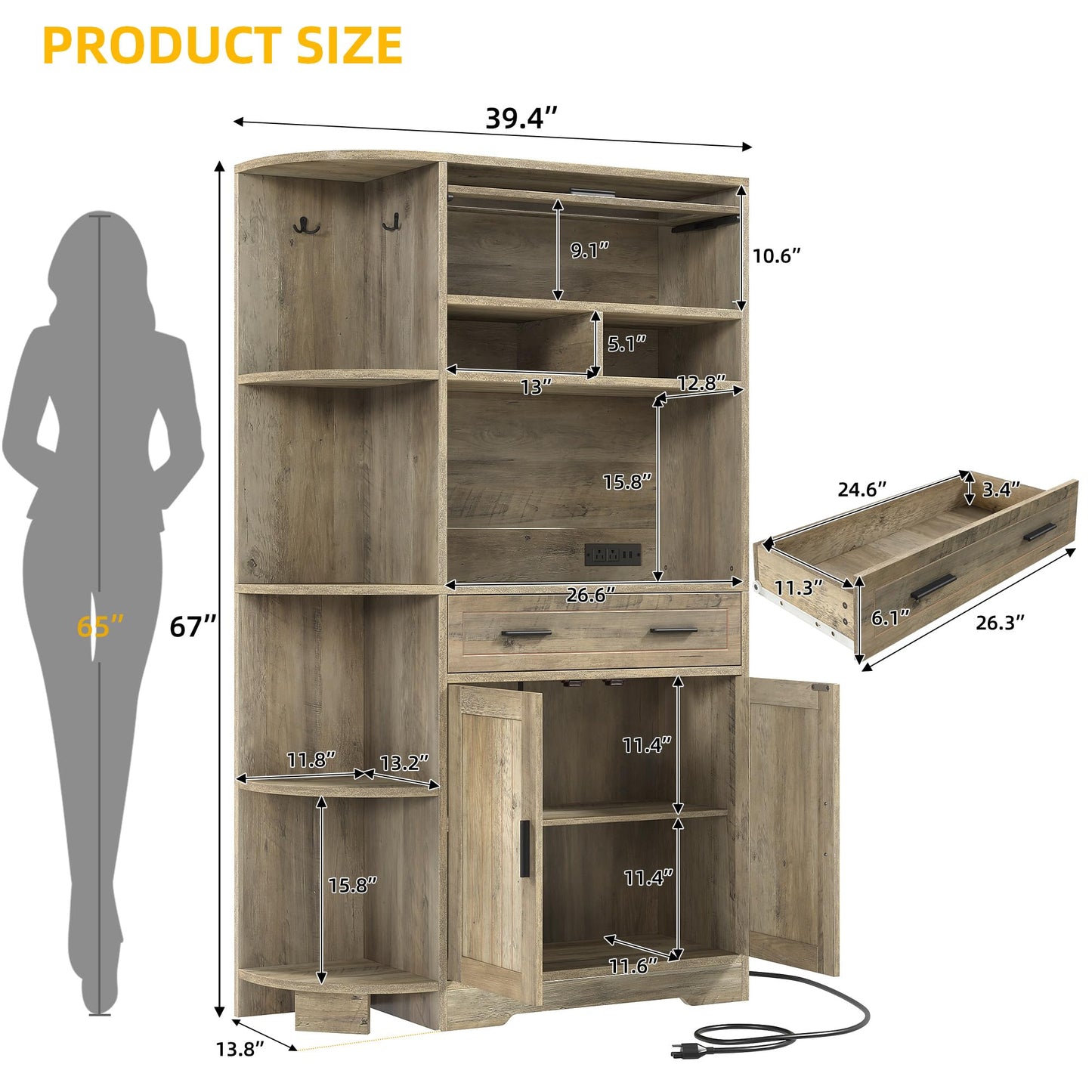 DWVO Farmhouse Kitchen Pantry Cabinet, 67" Bakers Rack w/Storage Cabinet, Coffee Bar w/Charging Station, Buffet Sideboard, Microwave Stand, Hutch Cupboard for Dining Room Kitchen Living Room(Ash Gray)