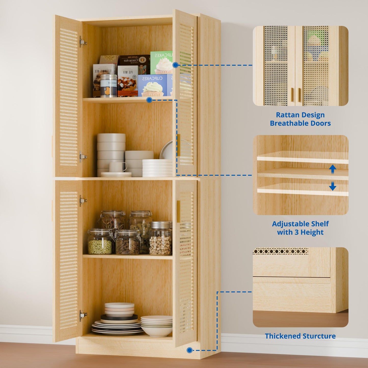 Cozy Castle Kitchen Pantry Cabinet, 71" Tall Rattan Doors Storage Cabinet and Adjustable Shelves, Modern Farmhouse Wood Cupboard Utility Hutch for Kitchen, Dining Room, Living Room (Oak)